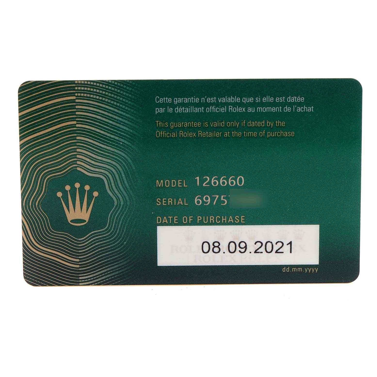 This image shows a green Rolex warranty card for the Sea-Dweller model 126660 with the purchase date 08.09.2021.
