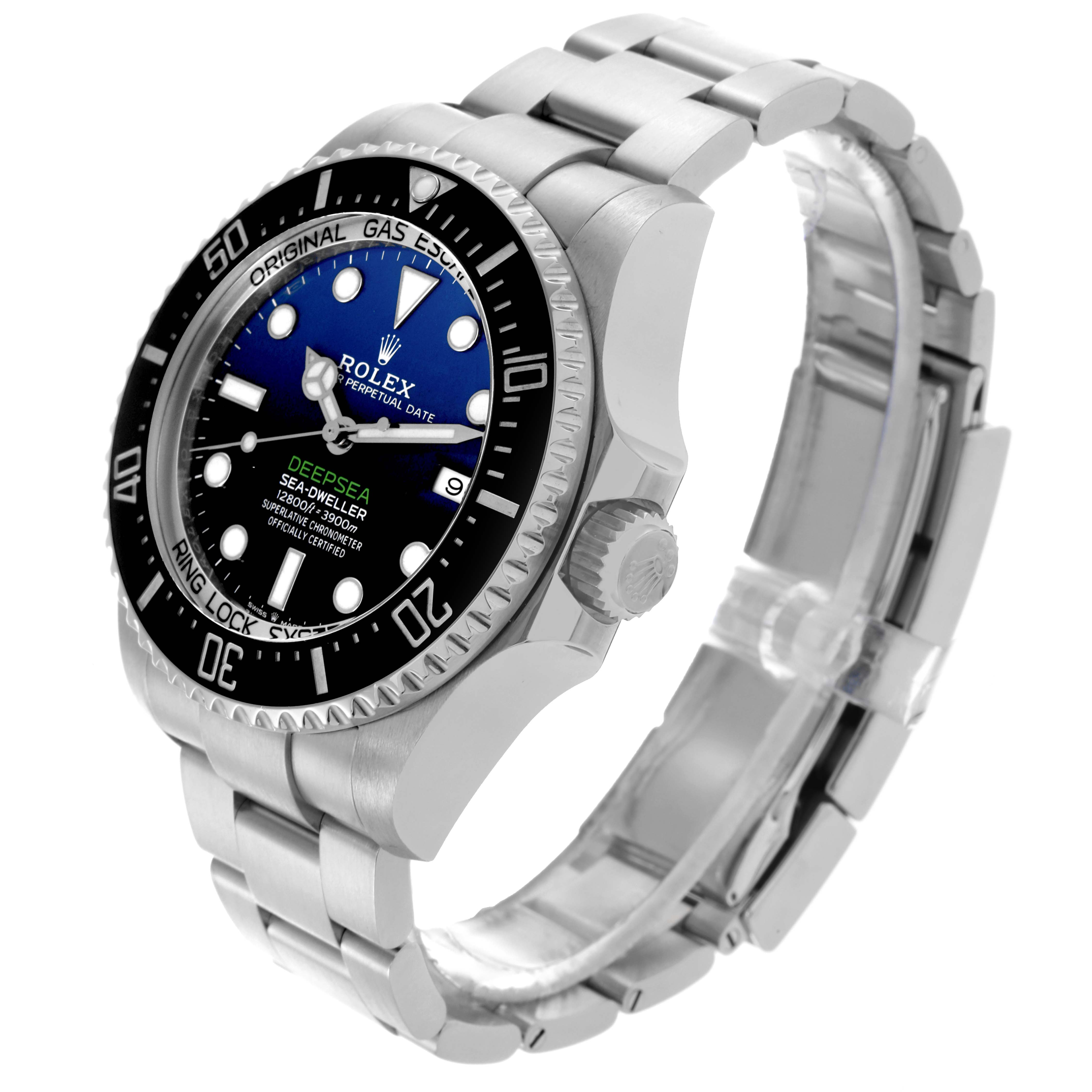 The Rolex Sea-Dweller 126660 Men's Stainless Steel Blue Dial 126660 Men's Stainless Steel Blue Dial watch is shown at a three-quarter angle highlighting the dial, bezel, crown, and bracelet.