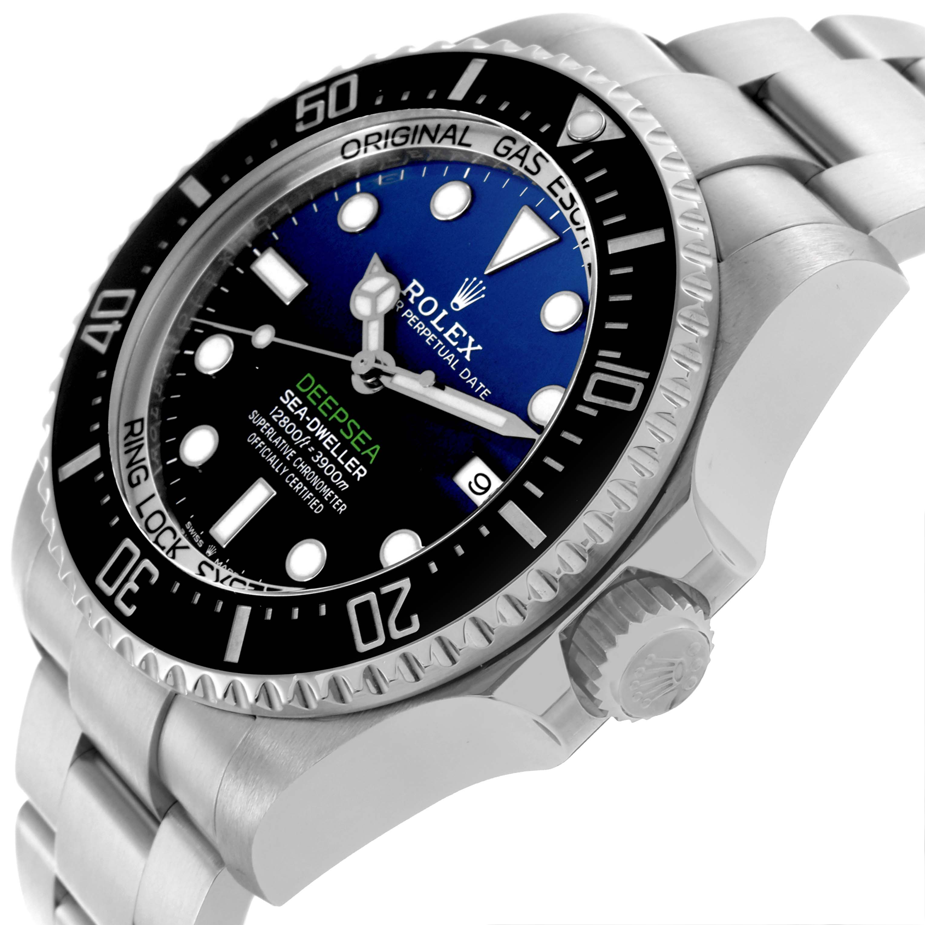 The image shows a Rolex Sea-Dweller 126660 Men's Stainless Steel Blue Dial 126660 Men's Stainless Steel Blue Dial watch from a side angle, highlighting its bezel, dial, crown, and part of the bracelet.