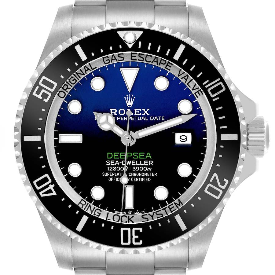 The Rolex Sea-Dweller watch is shown from the front, highlighting the dial, bezel, crown, and bracelet.