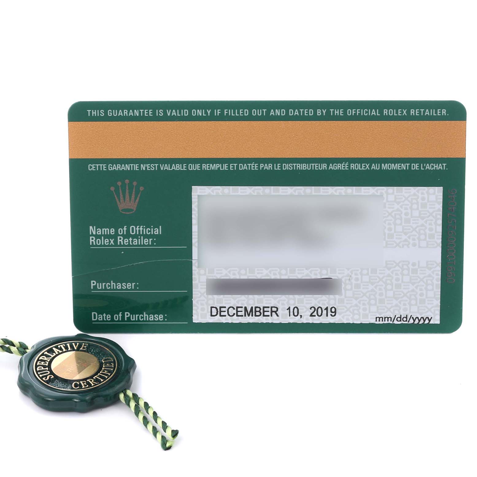 The image shows a warranty card and a green tag for a Rolex Sea-Dweller 126660 Men's Stainless Steel Blue Dial 126660 Men's Stainless Steel Blue Dial watch, viewed from above.