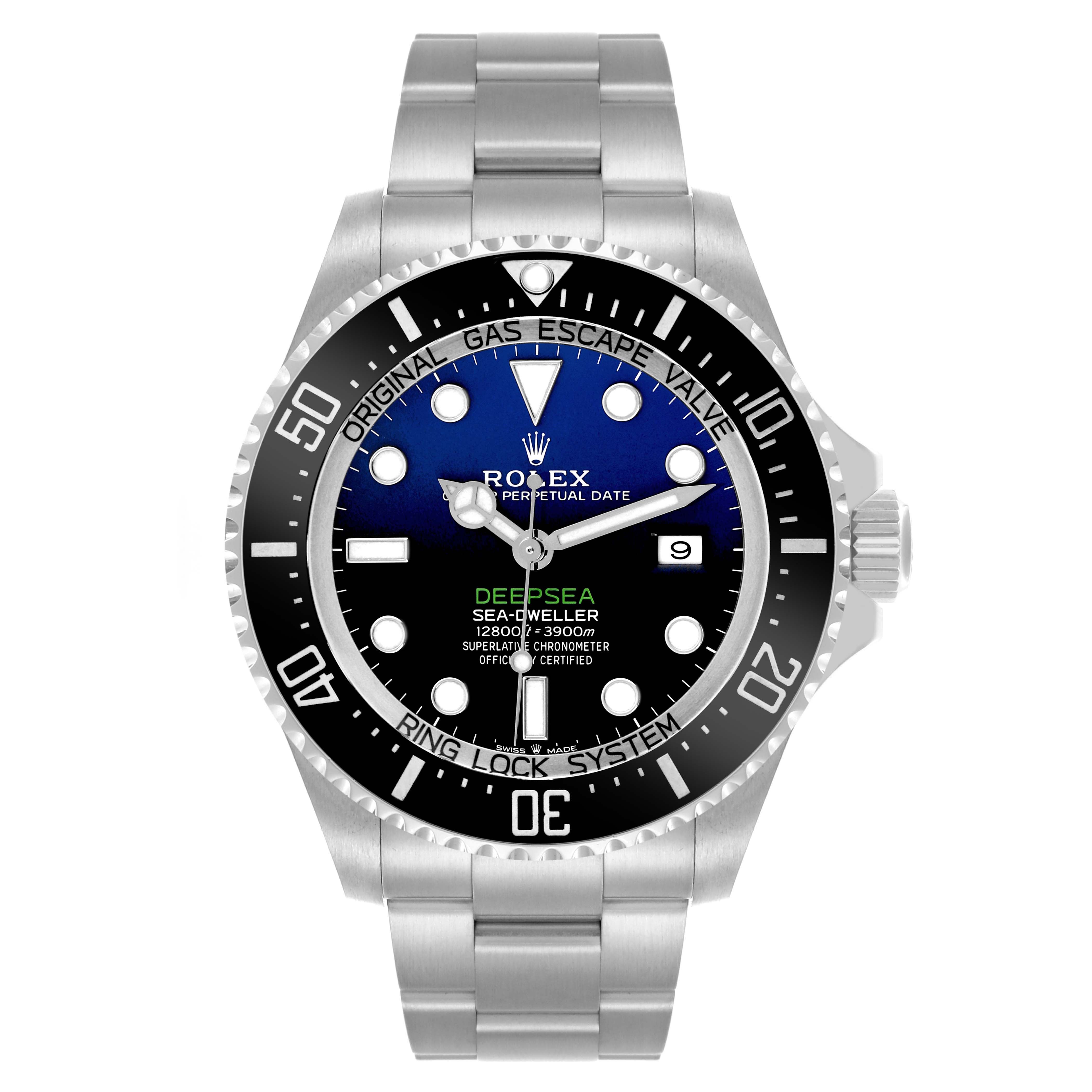 The Rolex Sea-Dweller 126660 Men's Stainless Steel Blue Dial 126660 Men's Stainless Steel Blue Dial watch is shown from a front angle, displaying the dial, bezel, and bracelet.