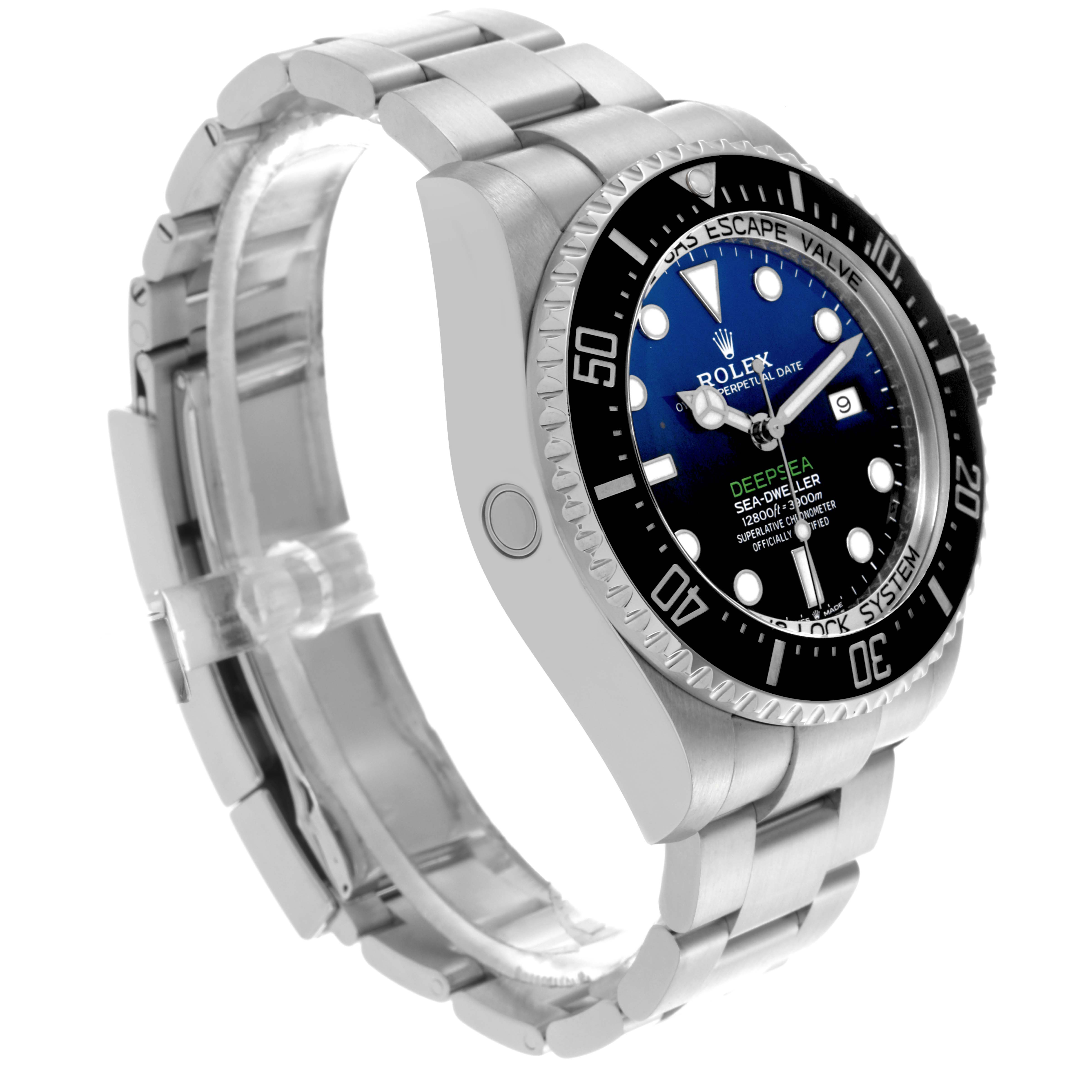 The Rolex Sea-Dweller 126660 Men's Stainless Steel Blue Dial 126660 Men's Stainless Steel Blue Dial watch is shown from an angled side view, highlighting the case, dial, bezel, and part of the bracelet.