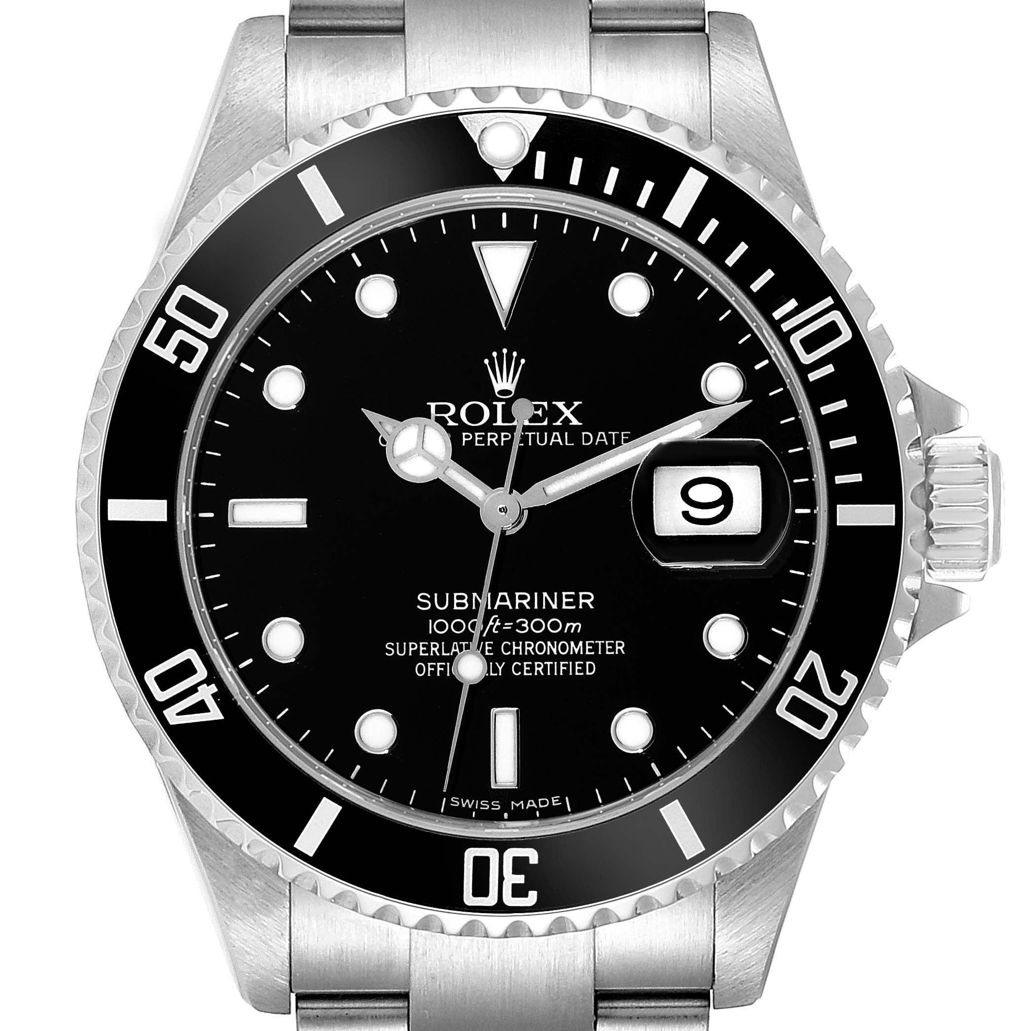 The image shows a front view of a Rolex Submariner 16610 Men
s Stainless Steel Black Dial 16610 Men
s Stainless Steel Black Dial watch, highlighting its bezel, dial, hands, and date window.