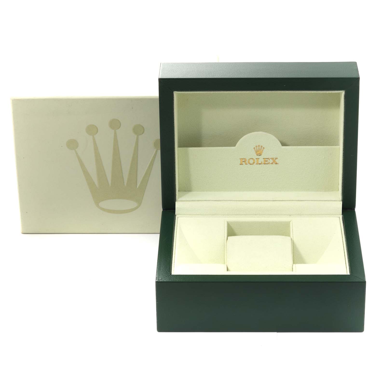 The image shows an open Rolex watch box for a Submariner model, revealing its inner compartments and the outer casing.