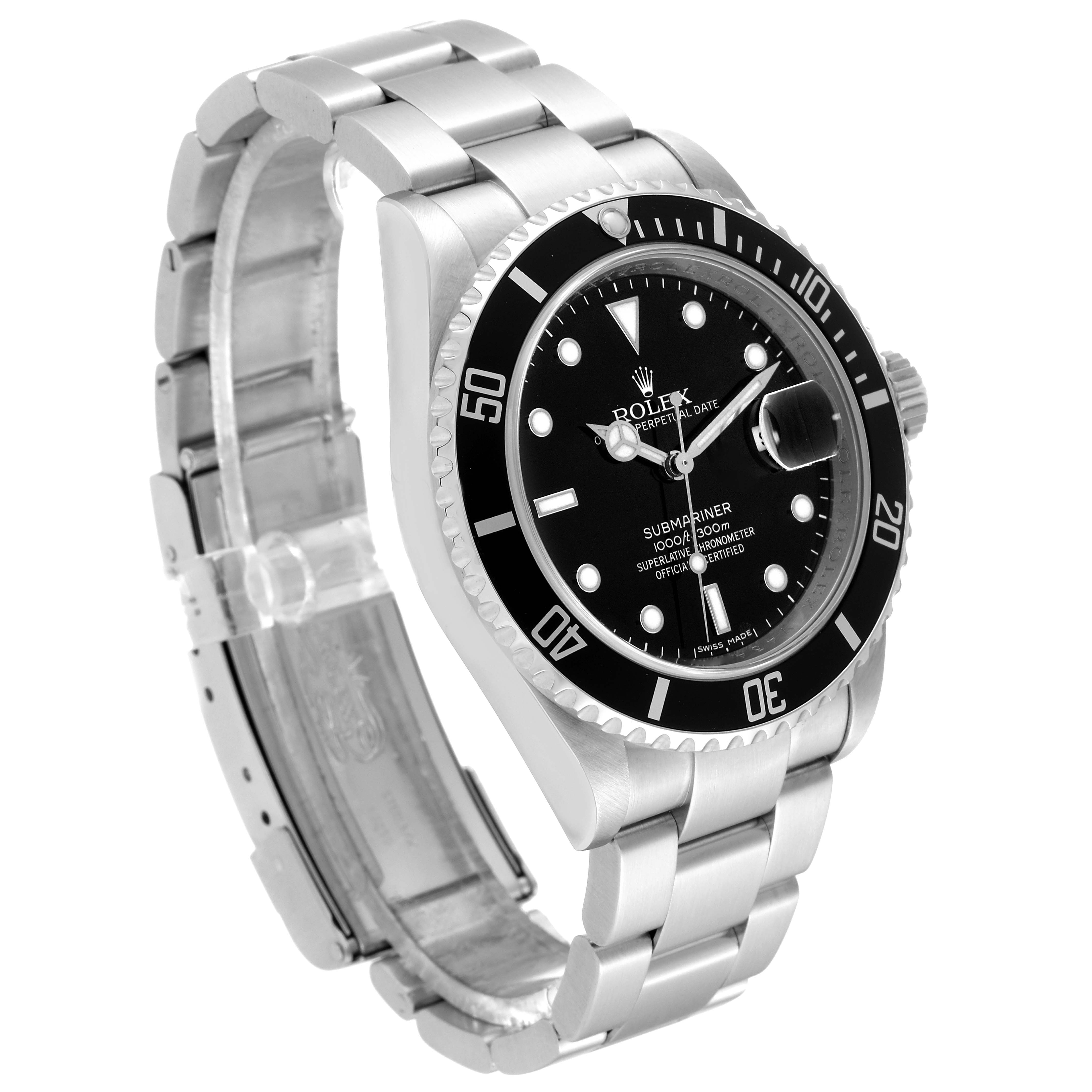 The Rolex Submariner 16610 Men
s Stainless Steel Black Dial 16610 Men
s Stainless Steel Black Dial watch is shown at a three-quarter angle, highlighting its bezel, dial, bracelet, and crown.