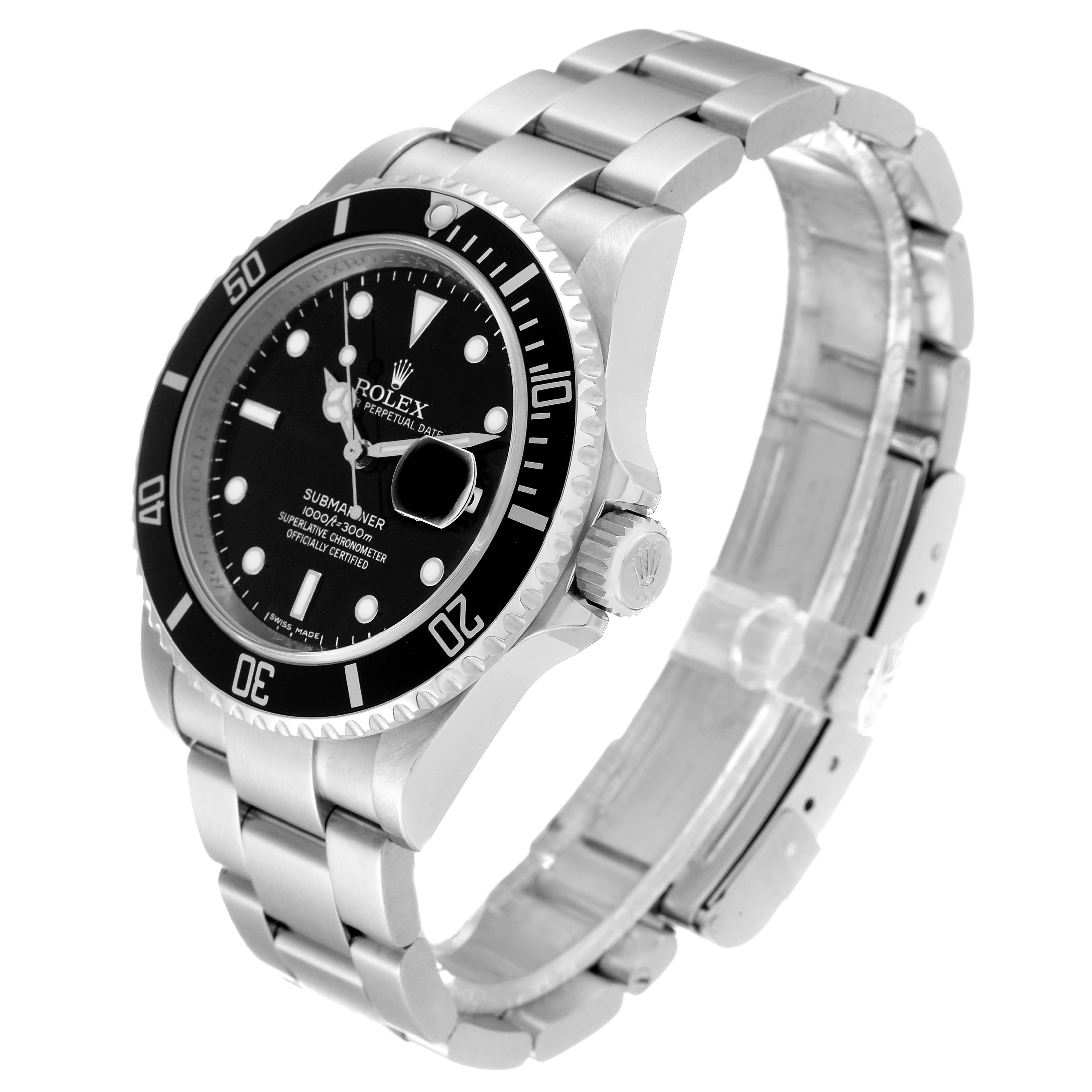 The image displays a Rolex Submariner 16610 Men
s Stainless Steel Black Dial 16610 Men
s Stainless Steel Black Dial watch at a three-quarter angle, showing its face, bezel, crown, and bracelet.