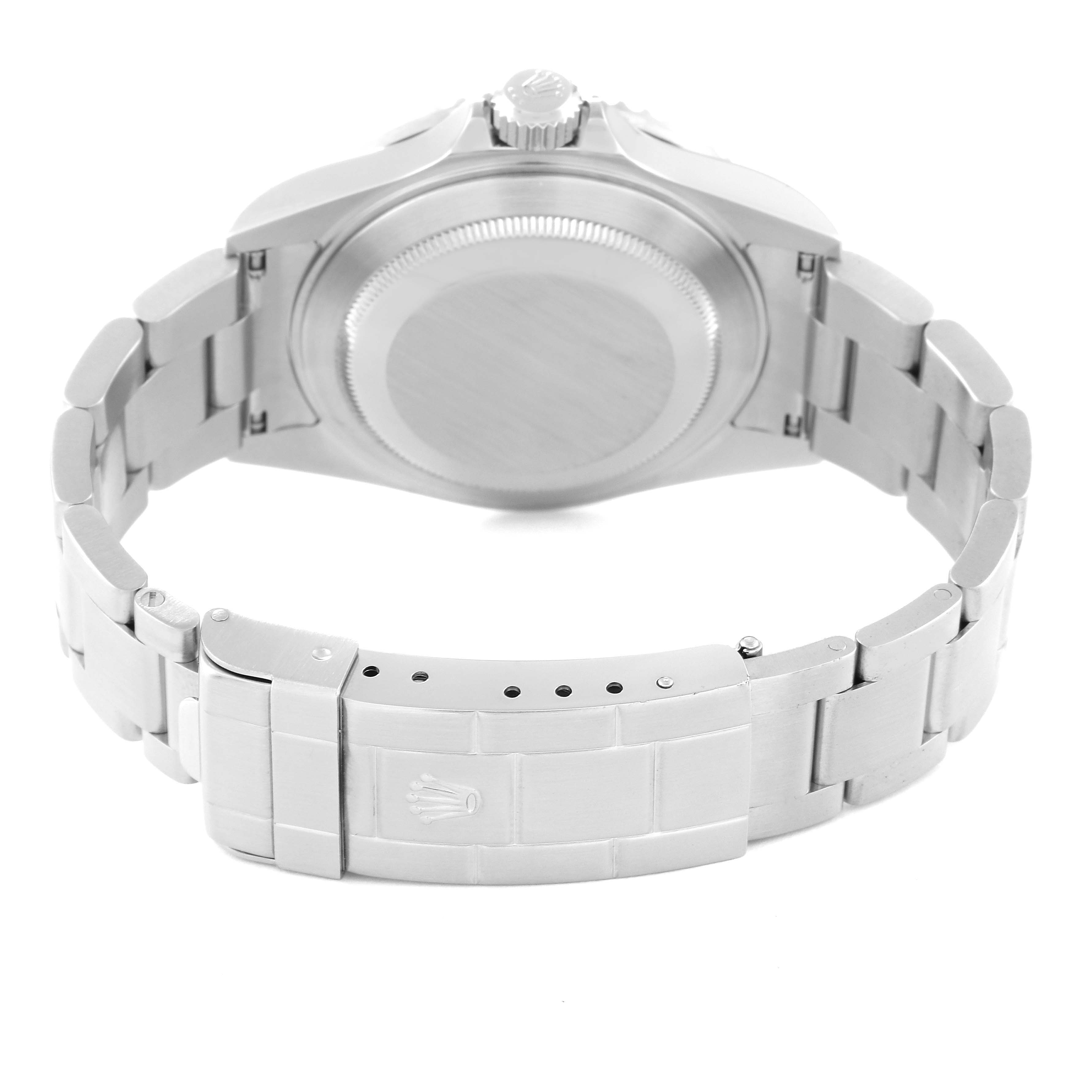 The image shows the back of the Rolex Submariner 16610 Men
s Stainless Steel Black Dial 16610 Men
s Stainless Steel Black Dial watch, displaying its case back, bracelet, and clasp with the Rolex crown logo.