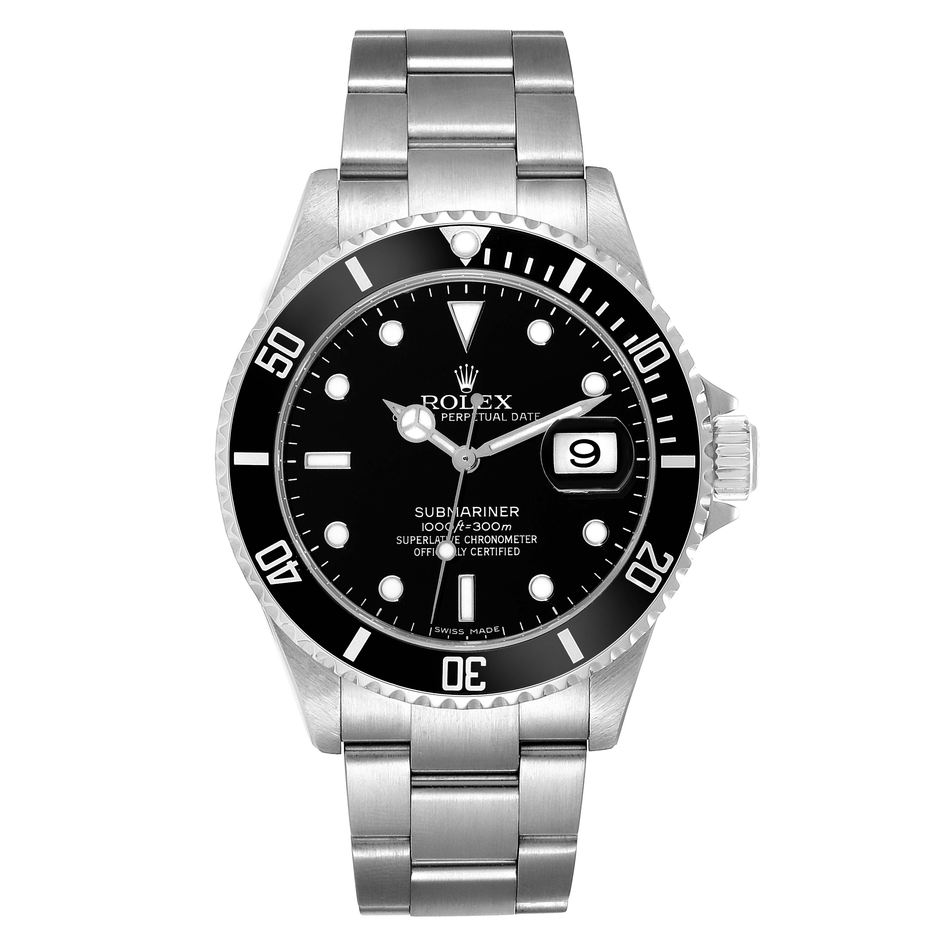 The image shows a frontal view of the Rolex Submariner 16610 Men
s Stainless Steel Black Dial 16610 Men
s Stainless Steel Black Dial watch, highlighting the dial, bezel, and bracelet.