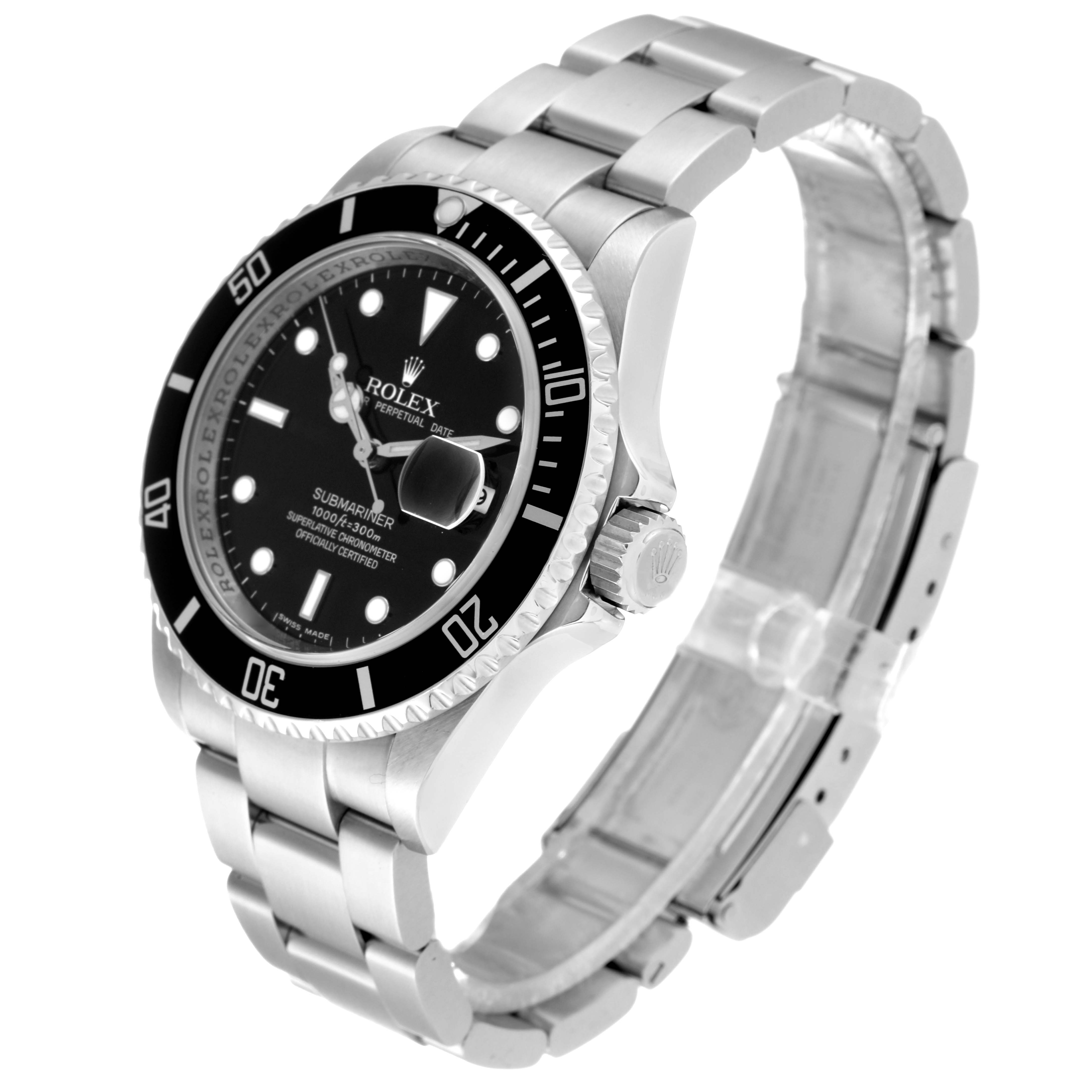 The Rolex Submariner 16610 Men
s Stainless Steel Black Dial 16610 Men
s Stainless Steel Black Dial watch is shown from an angled view, displaying its face, bezel, and part of the bracelet.