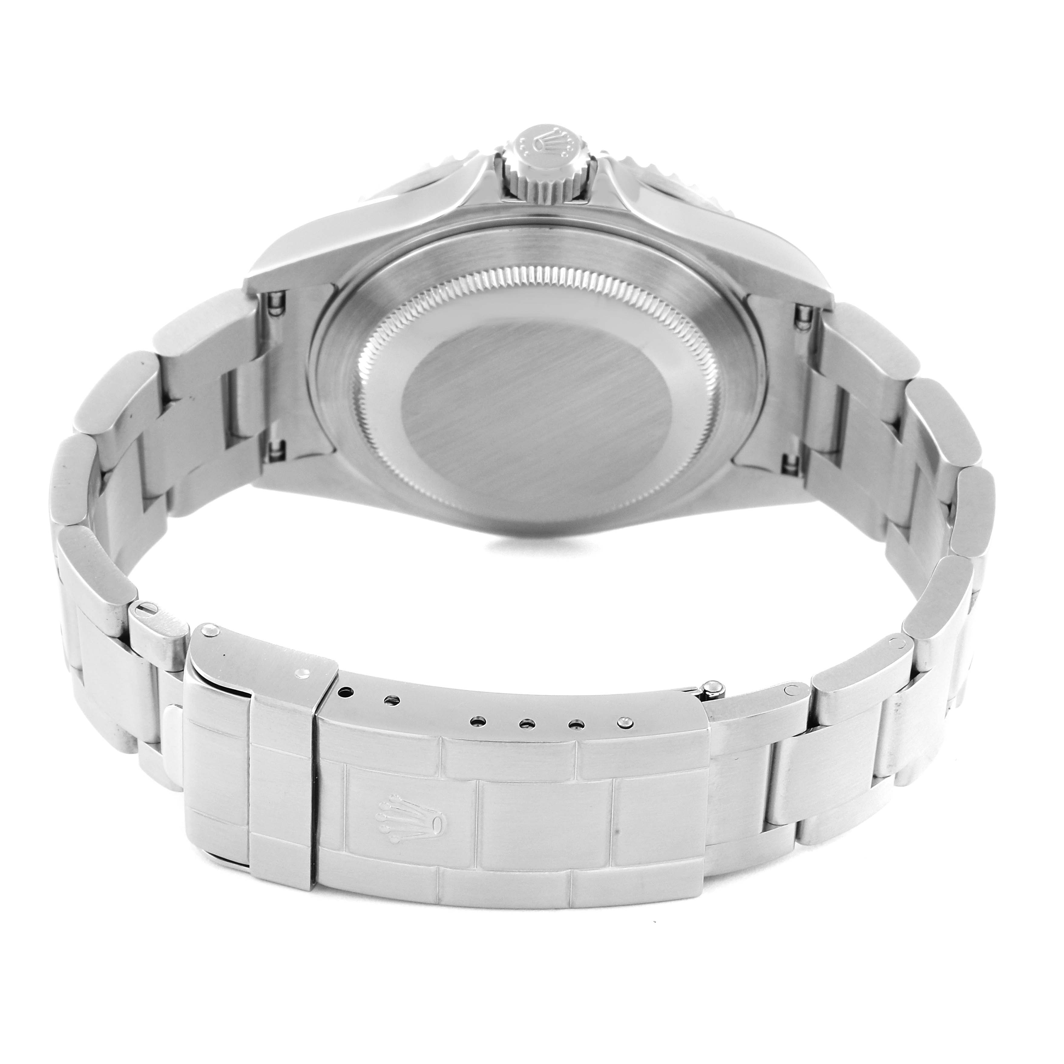 This image shows the back case and bracelet of a Rolex Submariner 16610 Men
s Stainless Steel Black Dial 16610 Men
s Stainless Steel Black Dial watch from a rear angle.