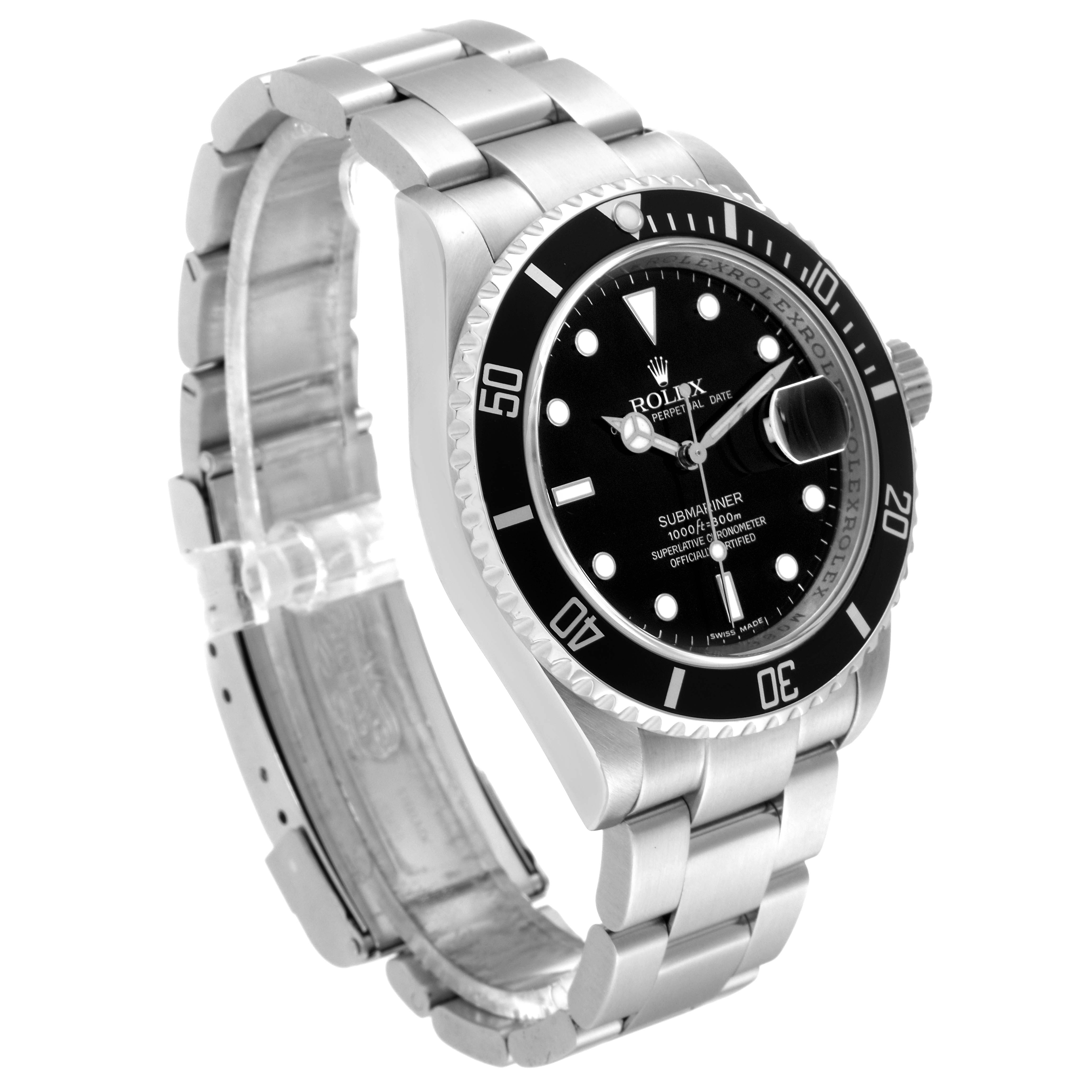 The image shows a side and front view of the Rolex Submariner 16610 Men
s Stainless Steel Black Dial 16610 Men
s Stainless Steel Black Dial watch, highlighting its black dial, bezel, and stainless steel bracelet.