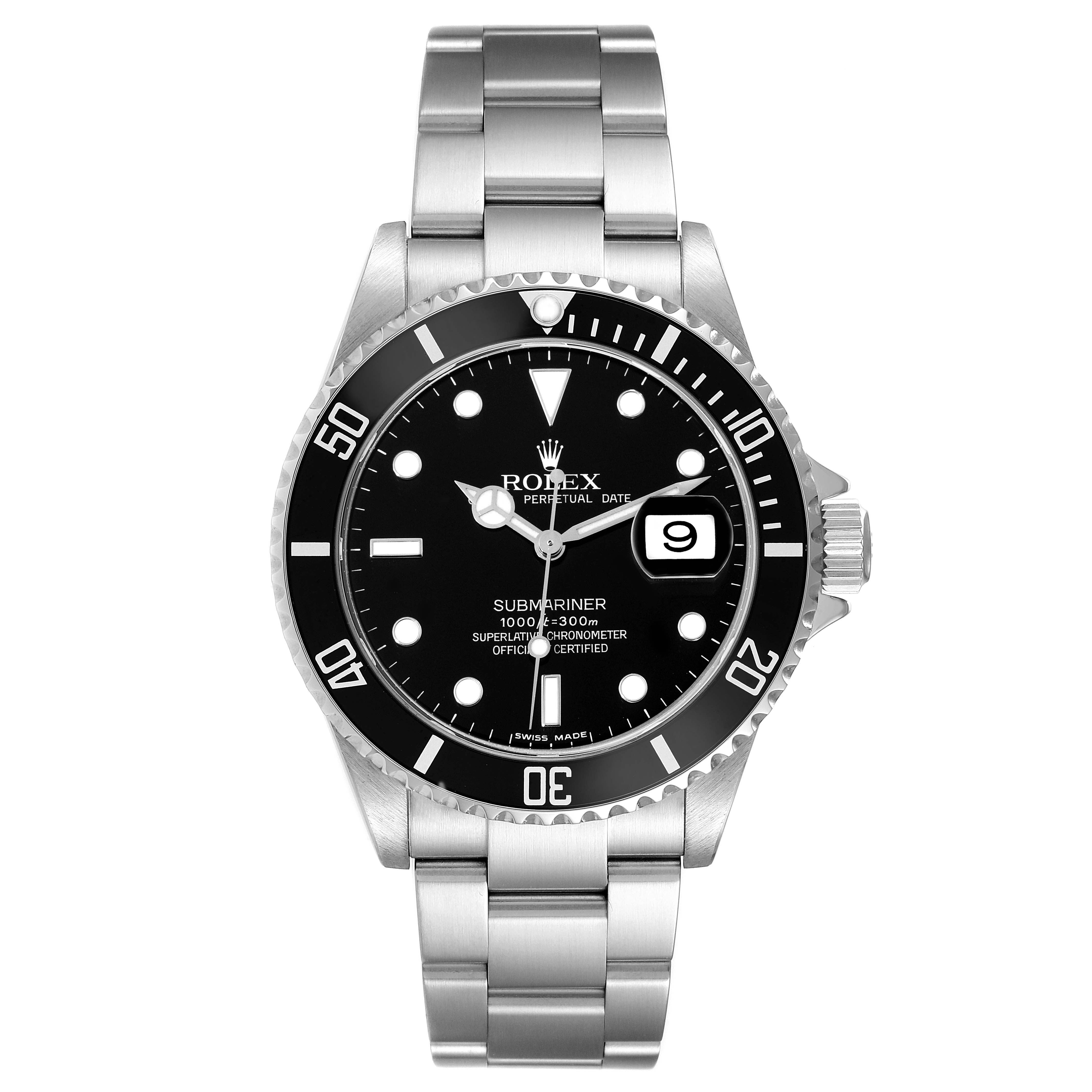 The image shows a front view of a Rolex Submariner 16610 Men
s Stainless Steel Black Dial 16610 Men
s Stainless Steel Black Dial watch, highlighting its dial, bezel, and bracelet.