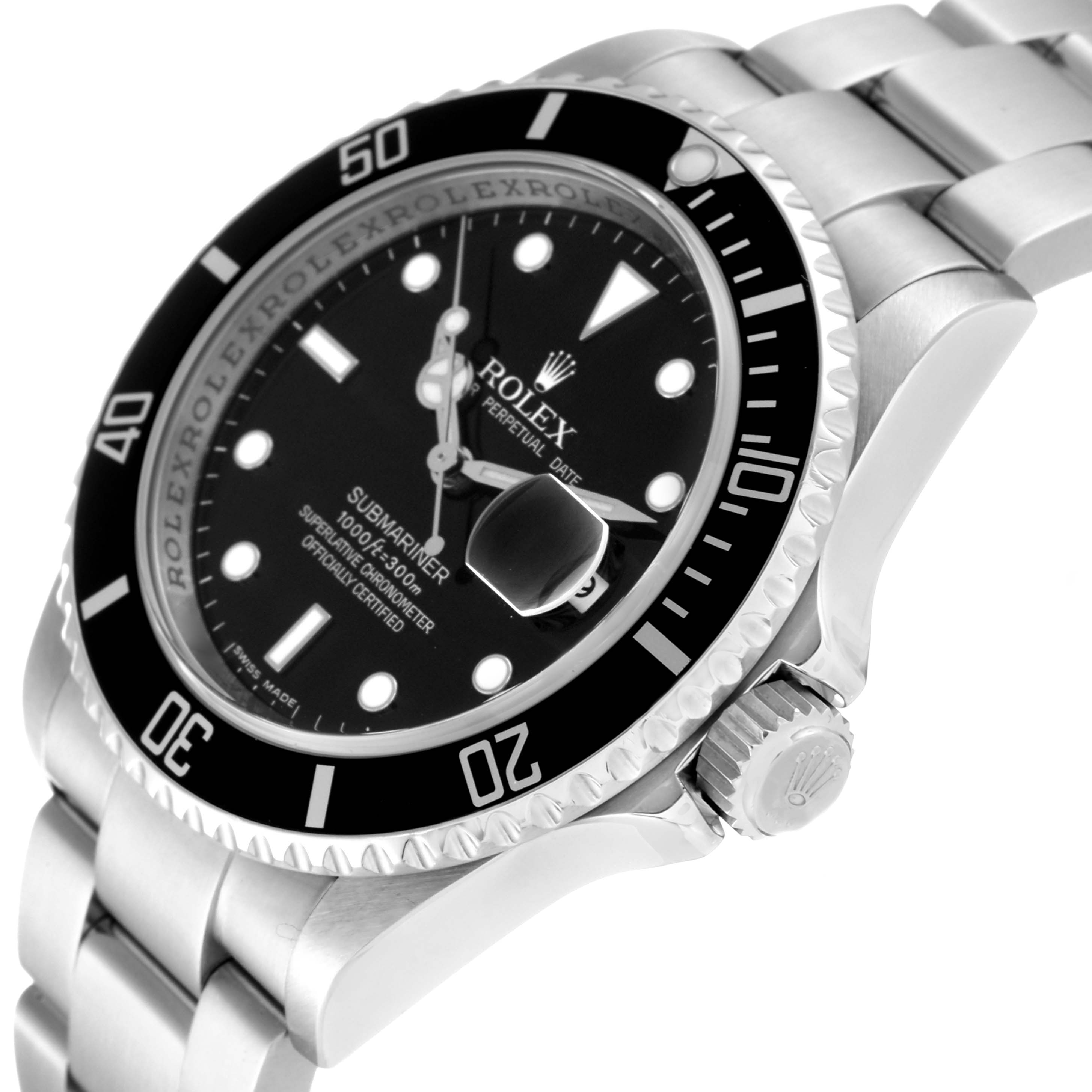 This image shows a close-up side angle of the Rolex Submariner 16610 Men
s Stainless Steel Black Dial 16610 Men
s Stainless Steel Black Dial watch, highlighting the bezel, dial, crown, and part of the bracelet.