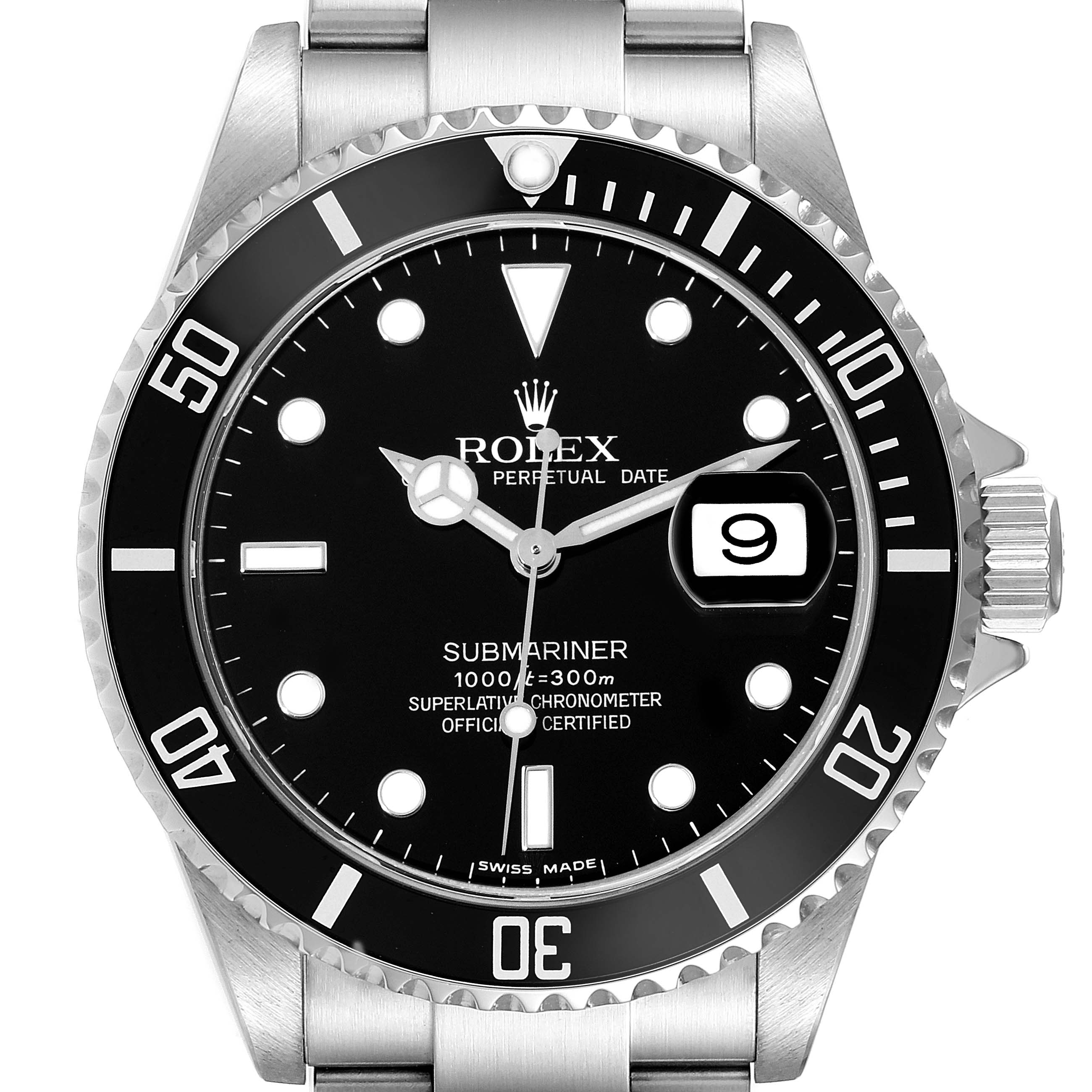The image shows a front view of the Rolex Submariner 16610 Men
s Stainless Steel Black Dial 16610 Men
s Stainless Steel Black Dial, displaying its black dial, date window, and unidirectional bezel.