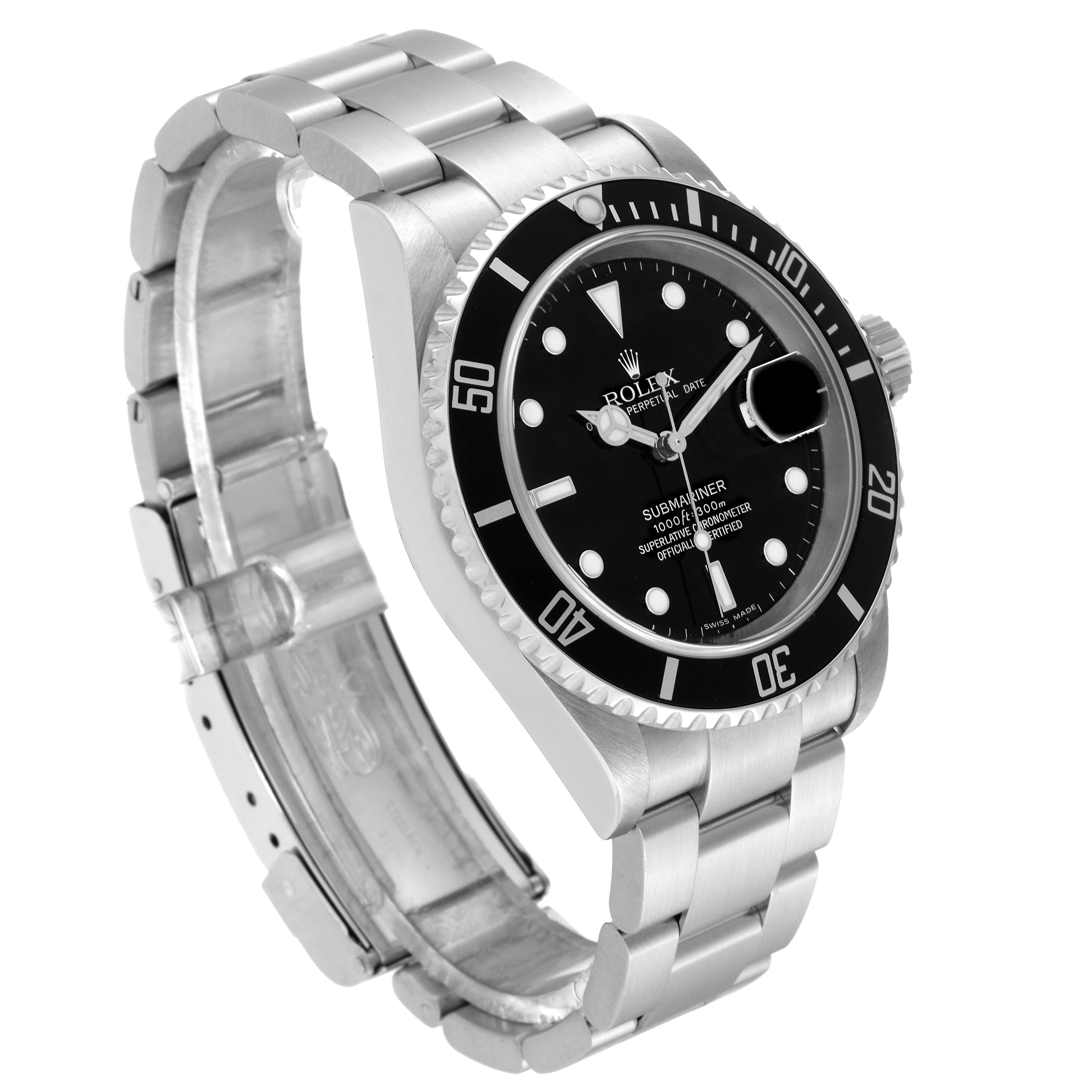 The image shows a Rolex Submariner 16610 Men
s Stainless Steel Black Dial 16610 Men
s Stainless Steel Black Dial watch at an angle that highlights its bracelet, black dial, and bezel.