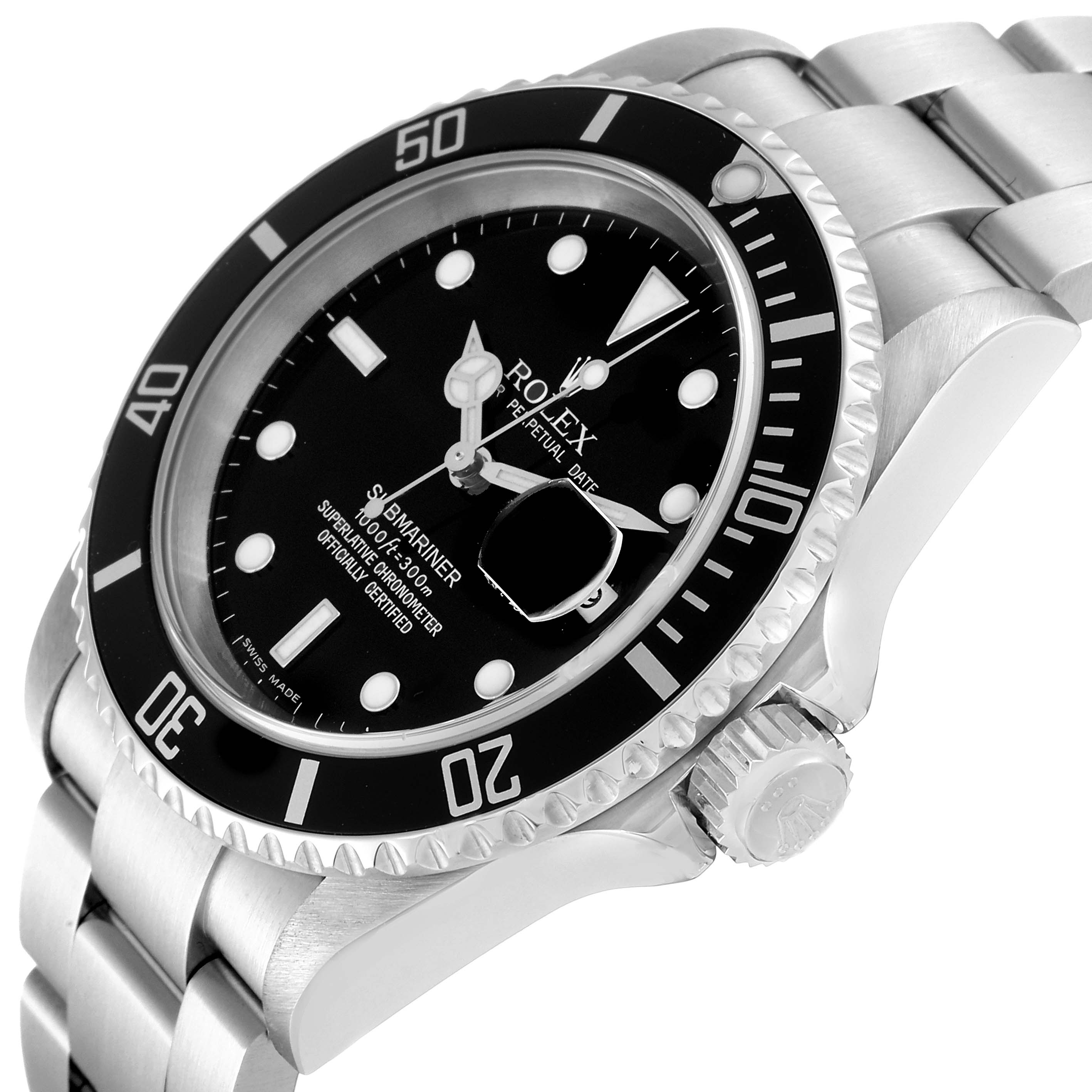 The image shows a close-up, angled view of the face, bezel, and bracelet of a Rolex Submariner 16610 Men
s Stainless Steel Black Dial 16610 Men
s Stainless Steel Black Dial watch.