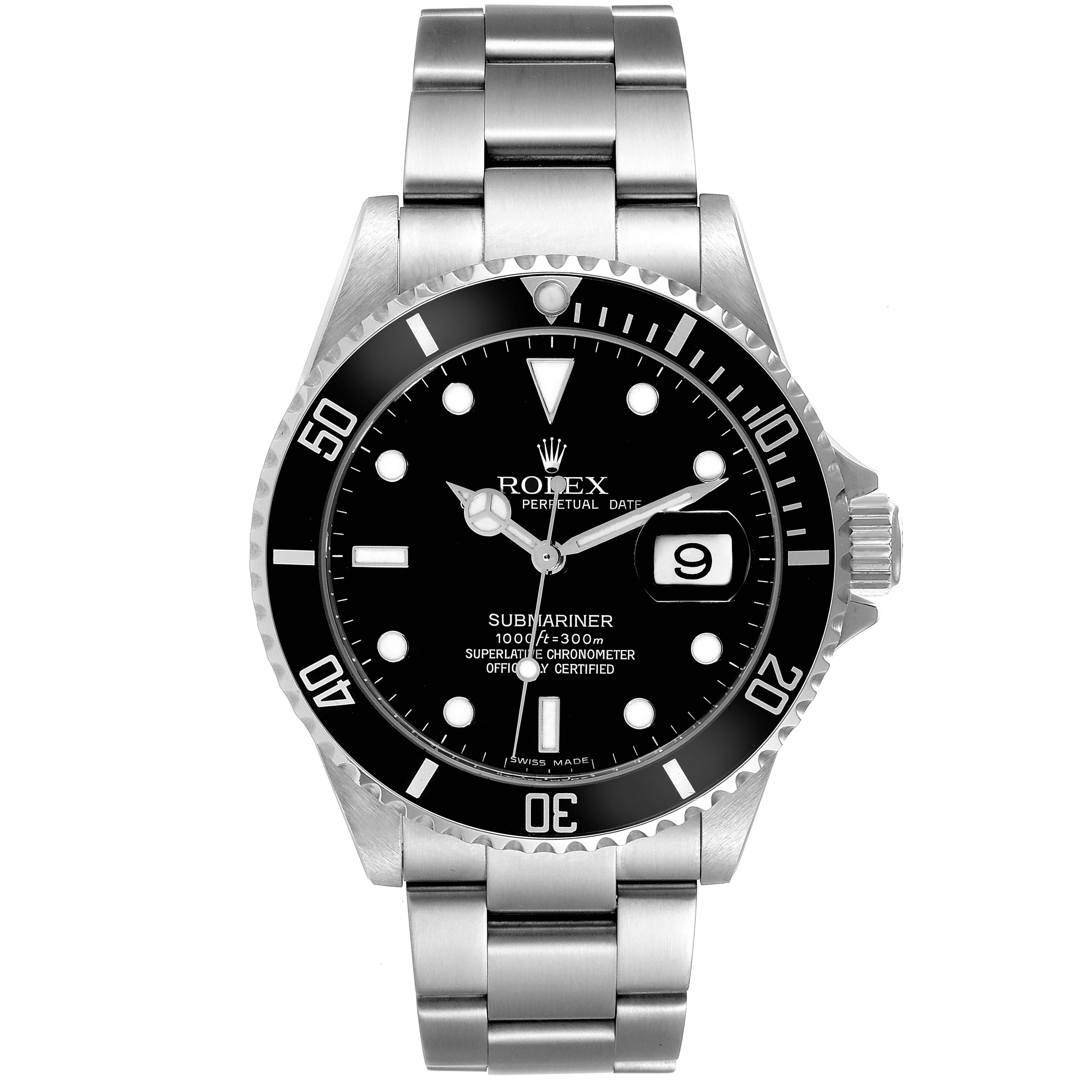 The image shows a frontal view of a Rolex Submariner 16610 Men
s Stainless Steel Black Dial 16610 Men
s Stainless Steel Black Dial watch, highlighting its black dial, bezel, and metal bracelet.