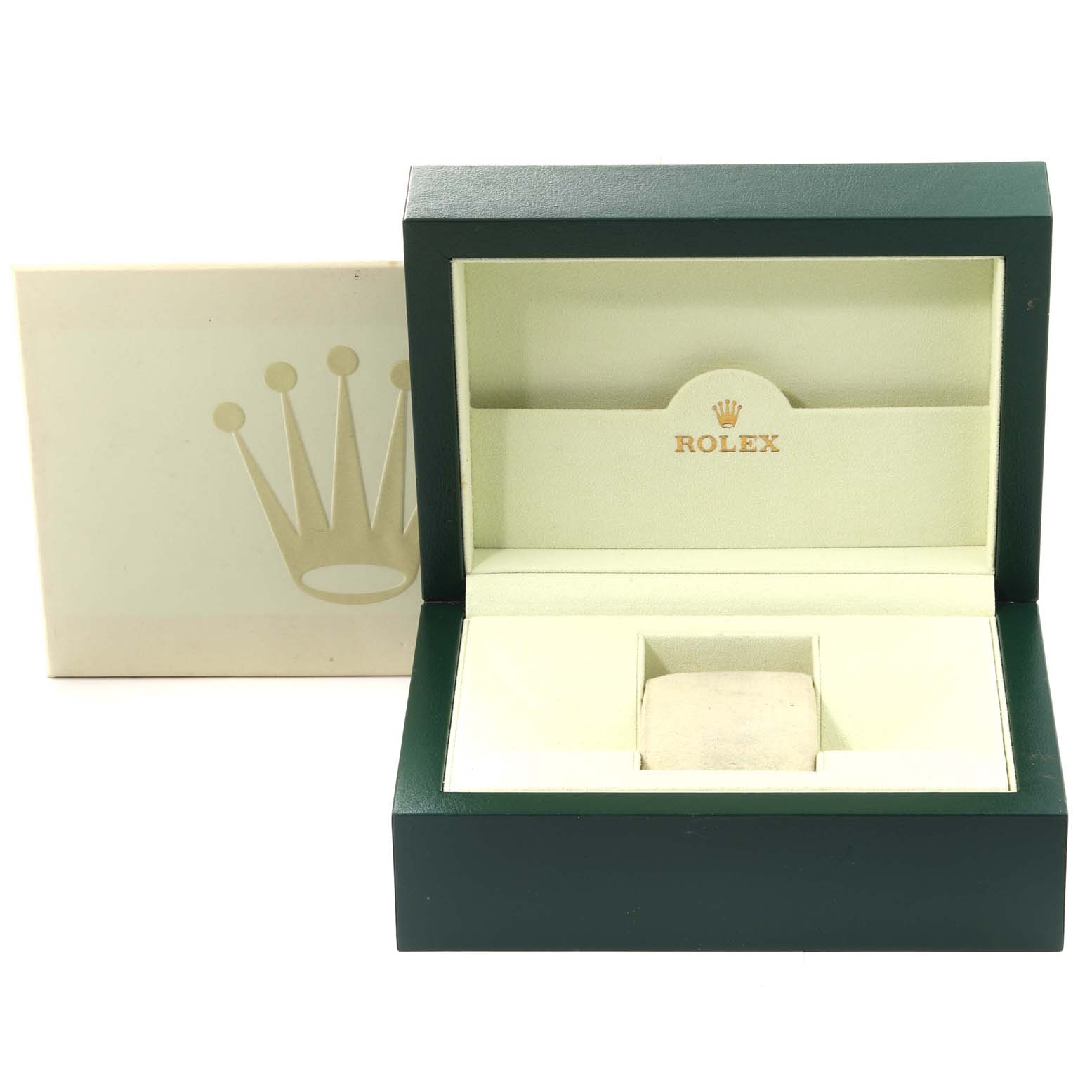 The image shows an empty green Rolex Submariner 16610 Men
s Stainless Steel Black Dial 16610 Men
s Stainless Steel Black Dial watch box with an open lid, revealing the interior cushion and logo.