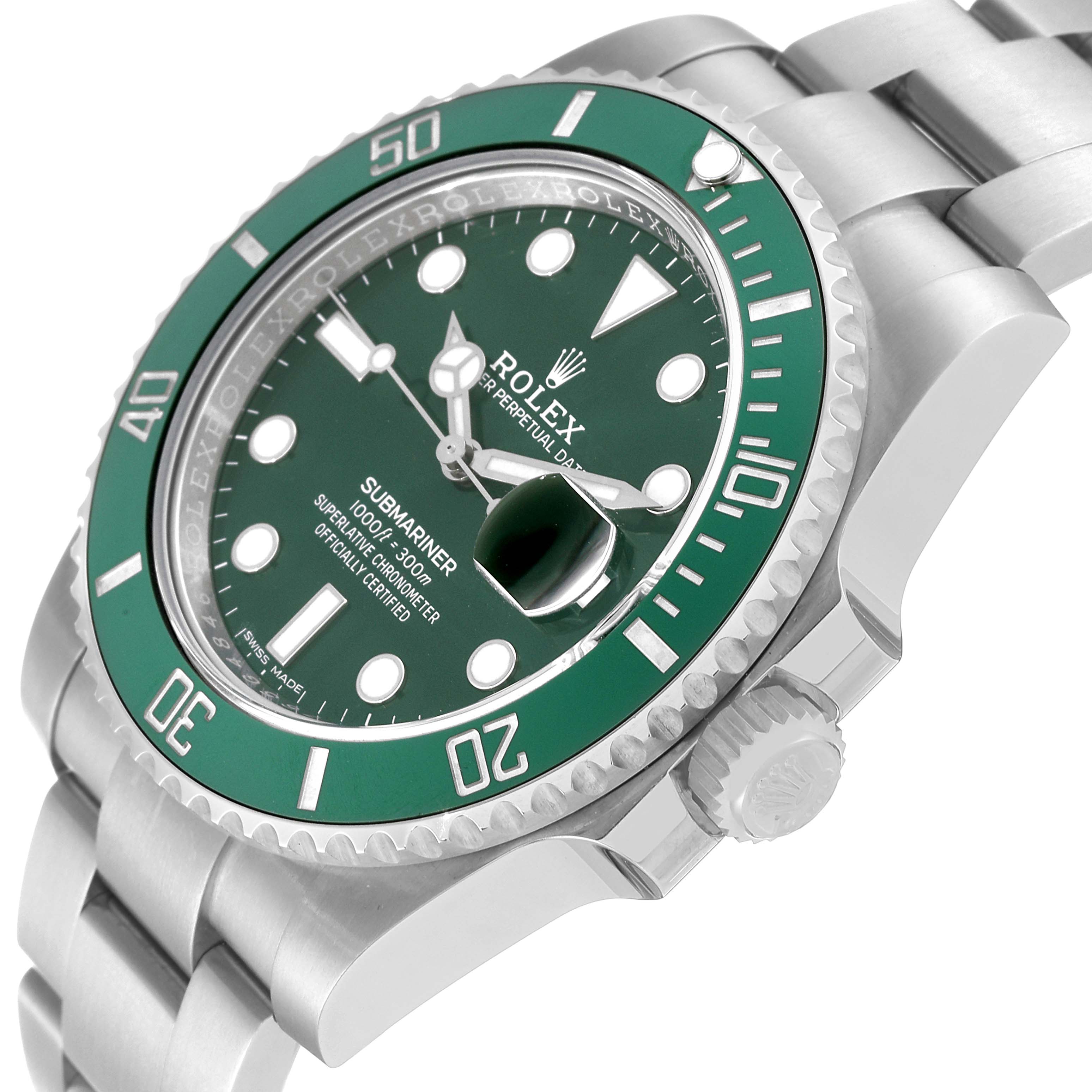 This image shows a close-up angle of the face, bezel, and part of the bracelet of a Rolex Submariner 116610LV Men
s Stainless Steel Green Dial 116610LV Men
s Stainless Steel Green Dial watch.