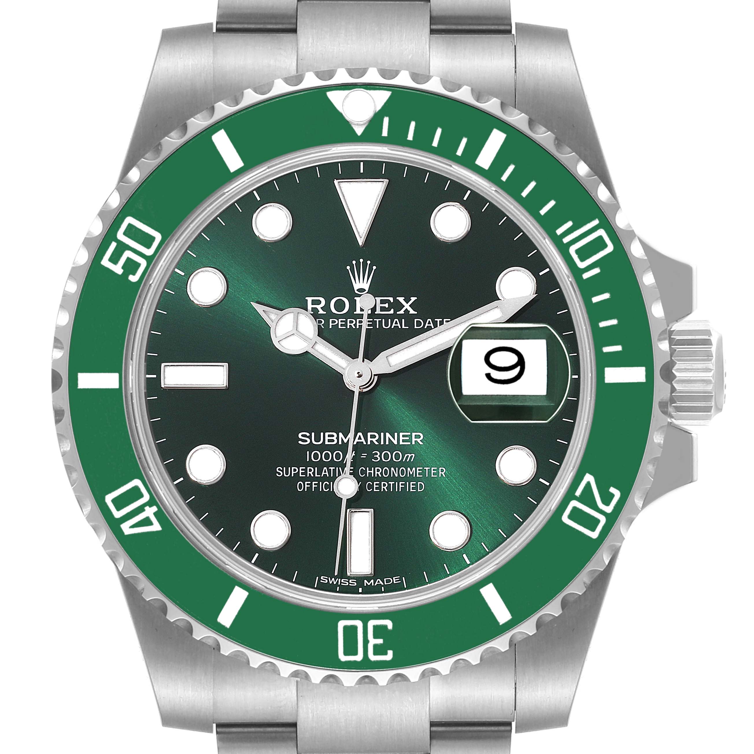 The image shows a front view of a Rolex Submariner 116610LV Men
s Stainless Steel Green Dial 116610LV Men
s Stainless Steel Green Dial watch with a green bezel and dial.