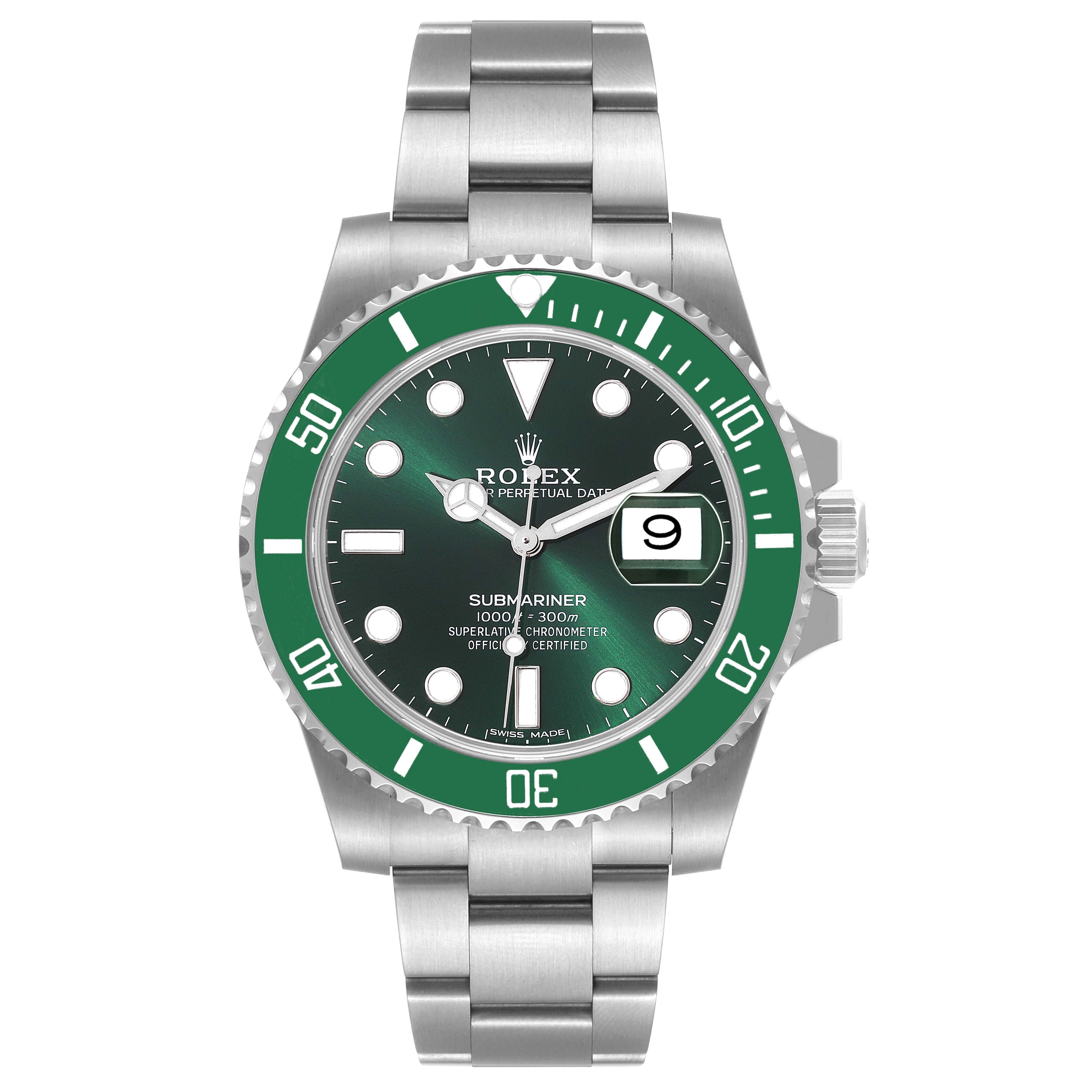 This image shows the Rolex Submariner 116610LV Men
s Stainless Steel Green Dial 116610LV Men
s Stainless Steel Green Dial watch from a front angle, capturing the bezel, dial, hands, and bracelet.
