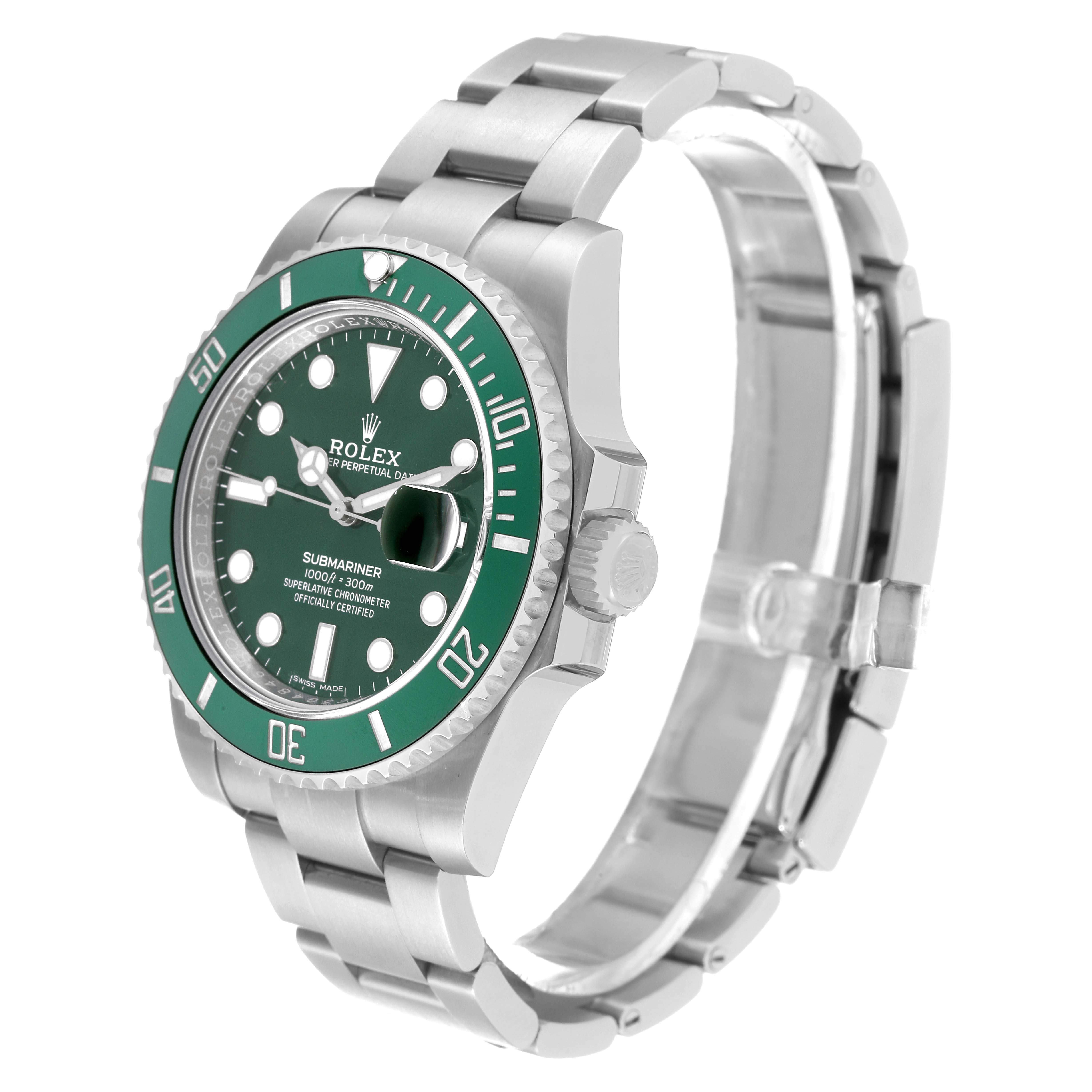 The image shows a Rolex Submariner 116610LV Men
s Stainless Steel Green Dial 116610LV Men
s Stainless Steel Green Dial watch at a slight angle, highlighting the green bezel, dial, bracelet, and crown.
