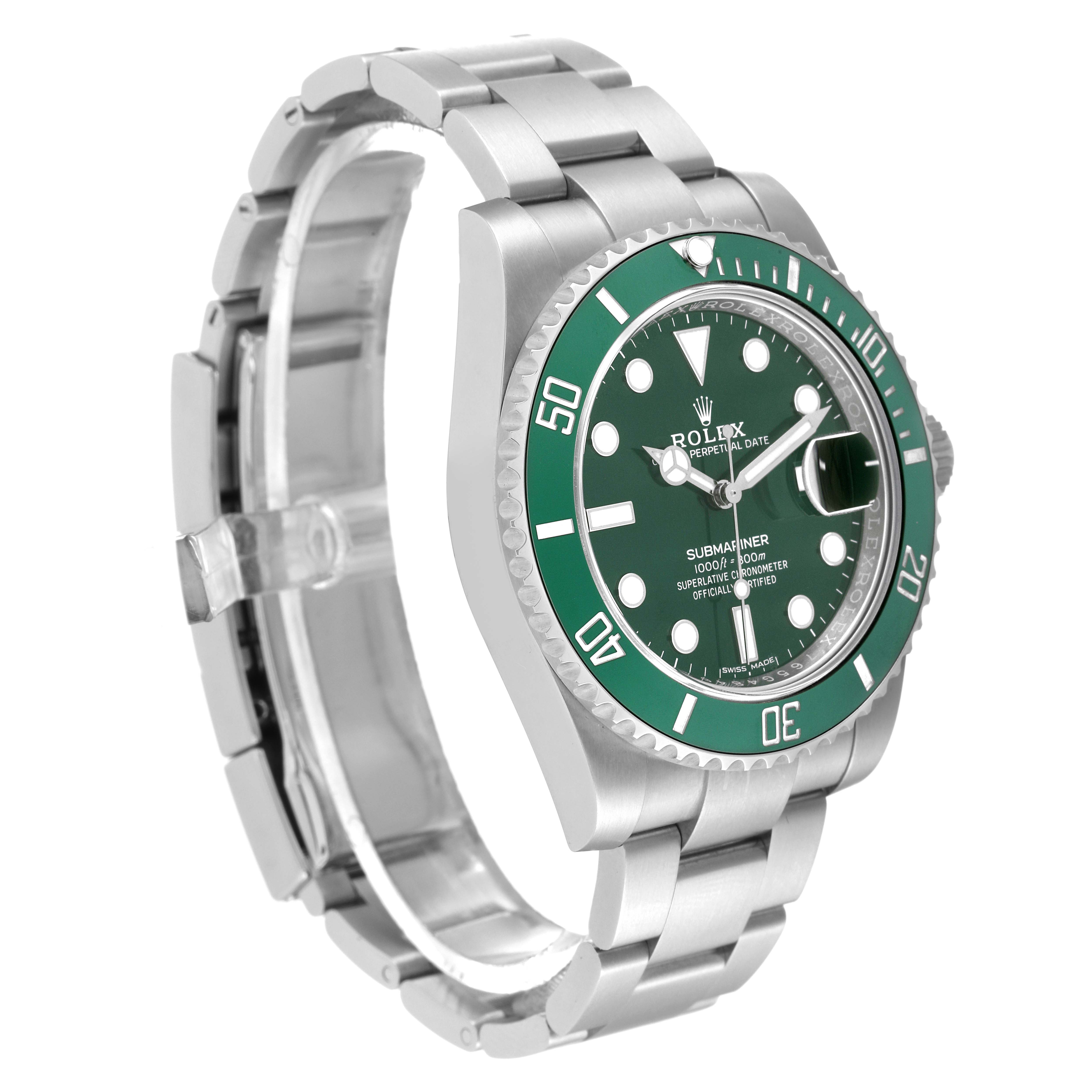 This Rolex Submariner 116610LV Men
s Stainless Steel Green Dial 116610LV Men
s Stainless Steel Green Dial watch is shown at a three-quarter angle displaying the green dial, bezel, and part of the stainless steel bracelet.