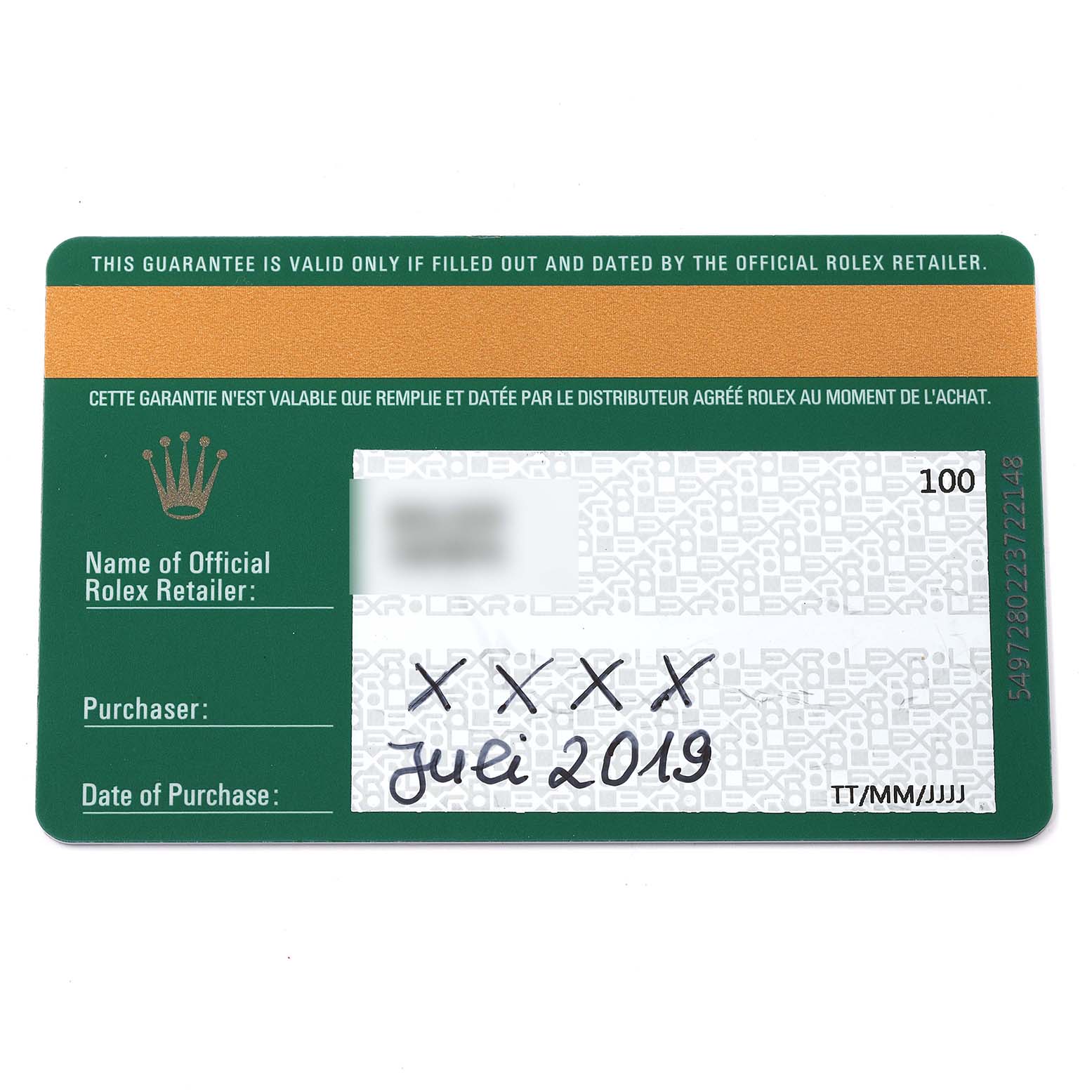 The image shows the warranty card for a Rolex Submariner 116610LV Men
s Stainless Steel Green Dial 116610LV Men
s Stainless Steel Green Dial, displaying purchase details and the retailer
s name.
