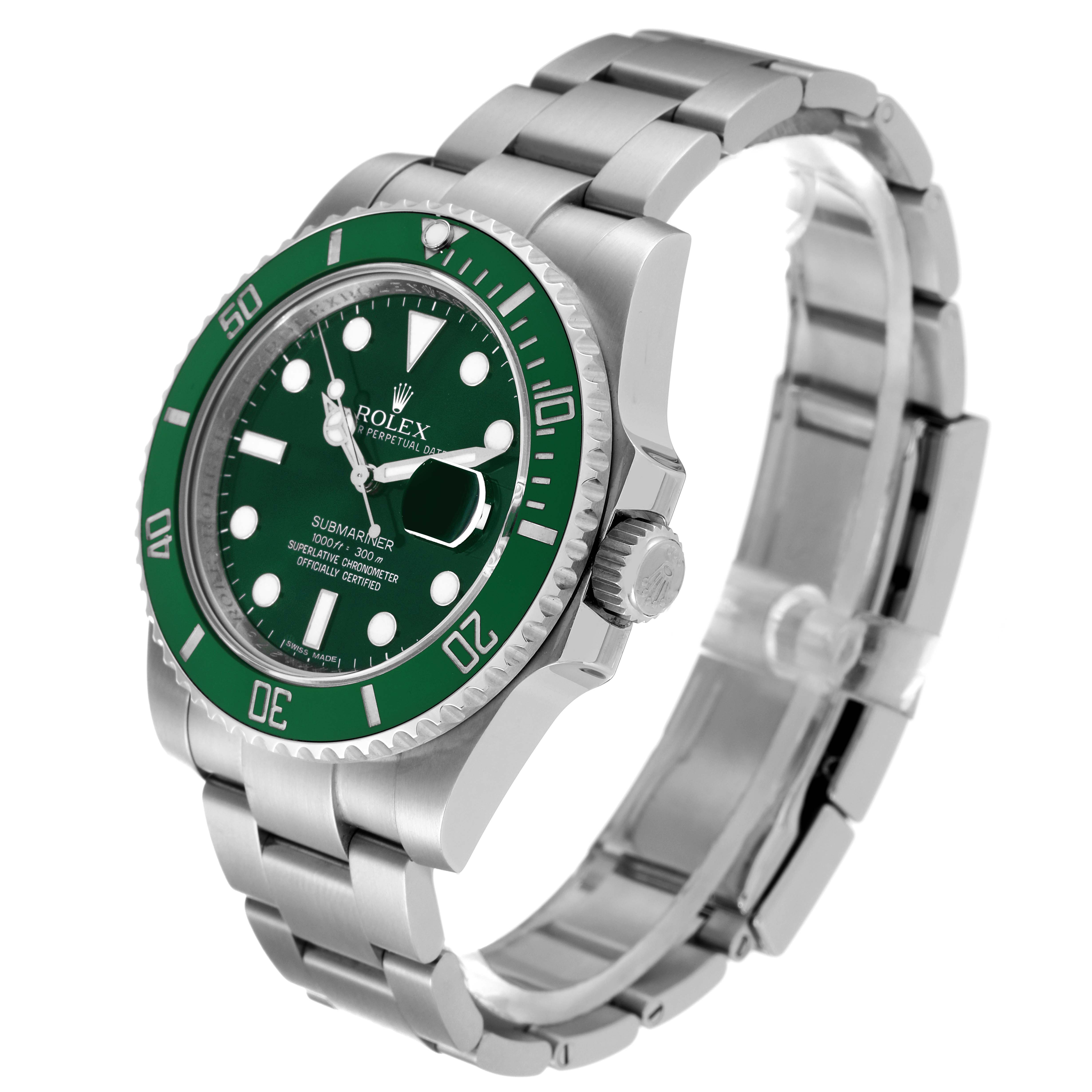 The Rolex Submariner 116610LV Men
s Stainless Steel Green Dial 116610LV Men
s Stainless Steel Green Dial watch is shown at a three-quarter angle, displaying its green bezel, dial, and stainless steel bracelet.