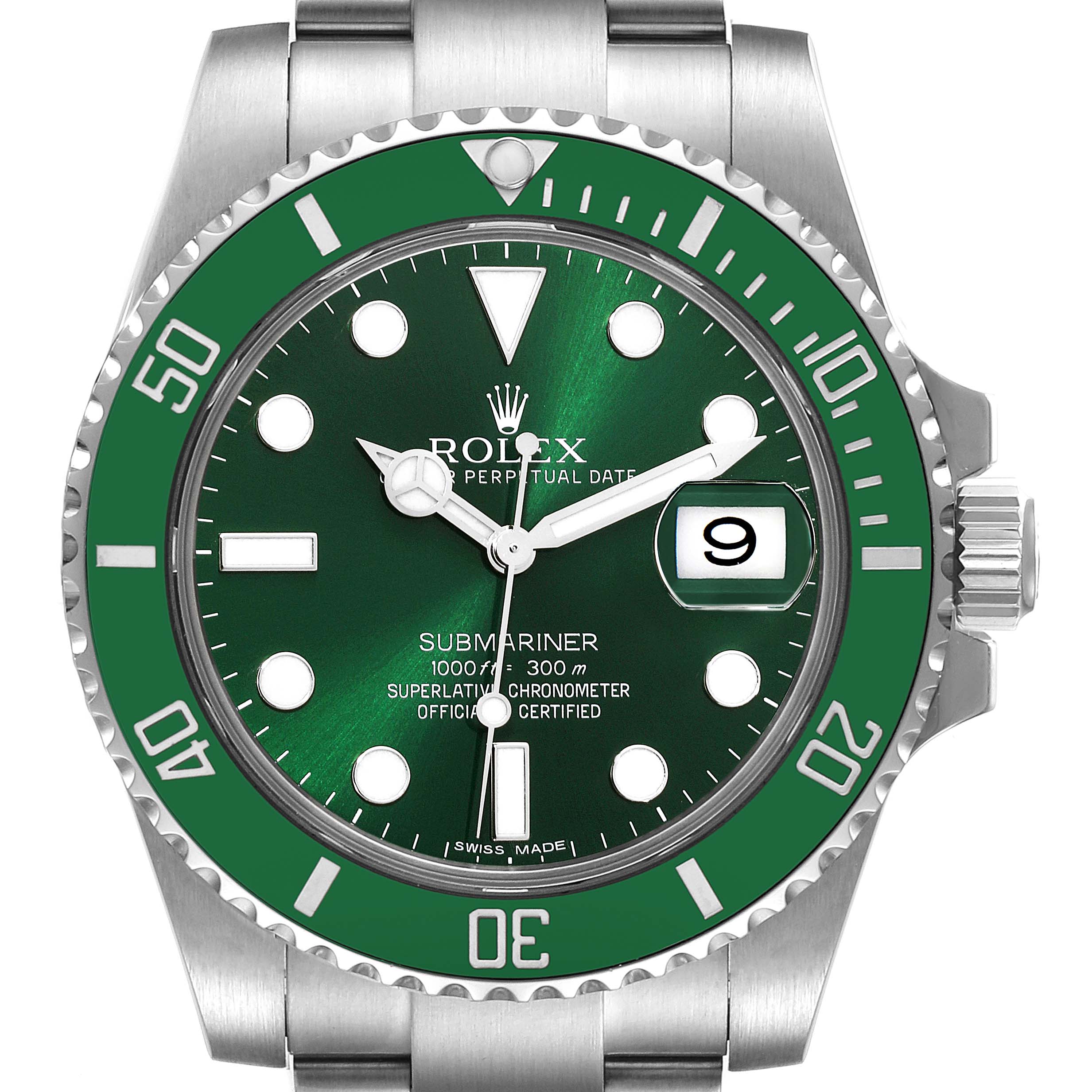 This Rolex Submariner 116610LV Men
s Stainless Steel Green Dial 116610LV Men
s Stainless Steel Green Dial watch is shown in a front-facing angle, highlighting its green bezel, green dial, and date window.