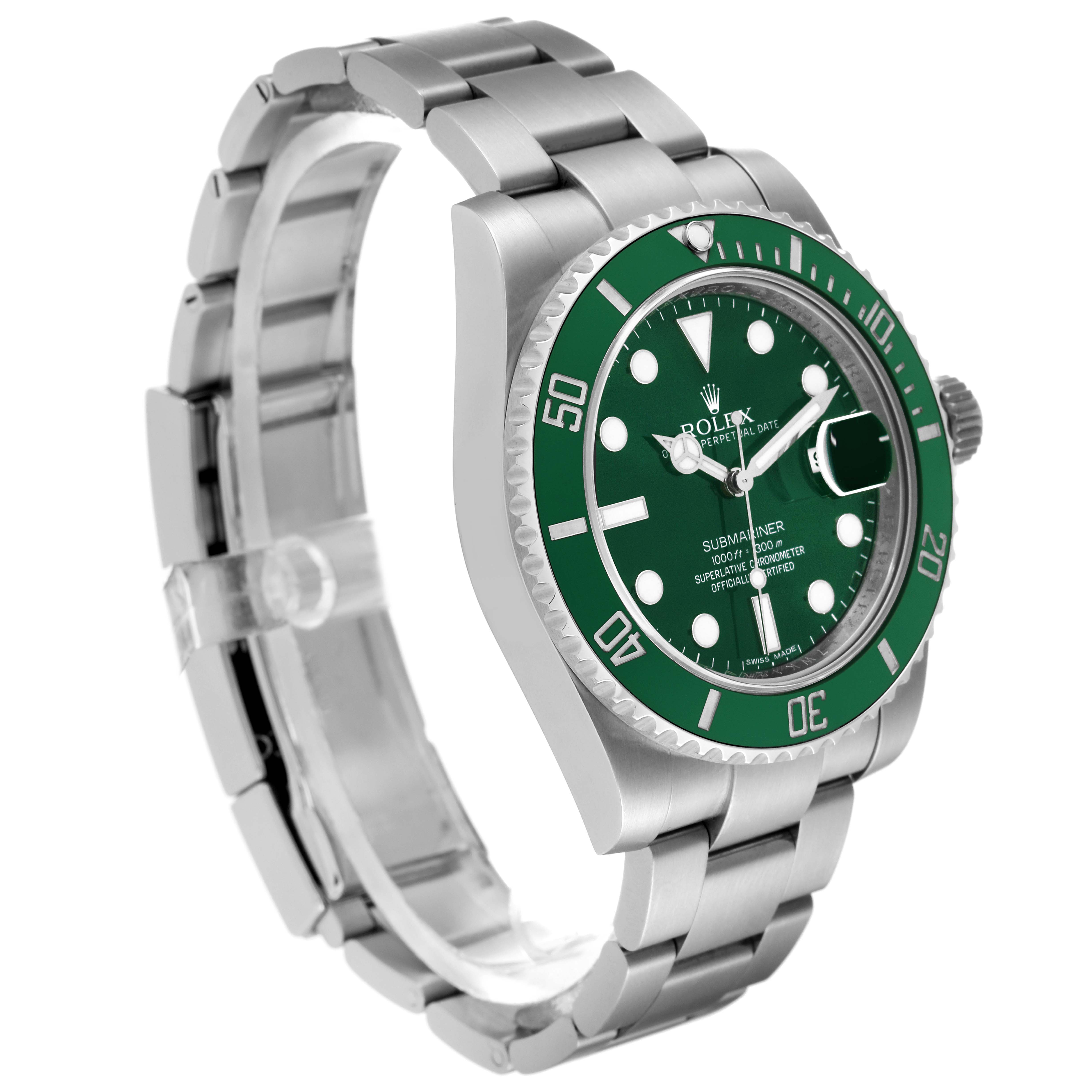 This image shows a Rolex Submariner 116610LV Men
s Stainless Steel Green Dial 116610LV Men
s Stainless Steel Green Dial watch at a three-quarter angle, highlighting its green bezel, dial, and stainless steel bracelet.
