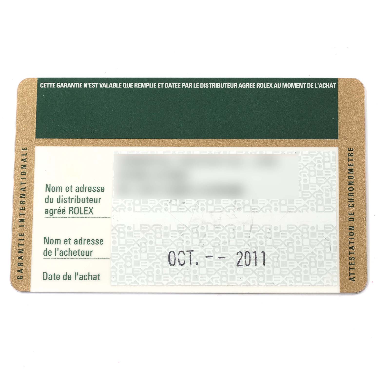 This image shows the warranty card for the Rolex Submariner 116610LV Men
s Stainless Steel Green Dial 116610LV Men
s Stainless Steel Green Dial watch, featuring dealer and buyer information with a purchase date.