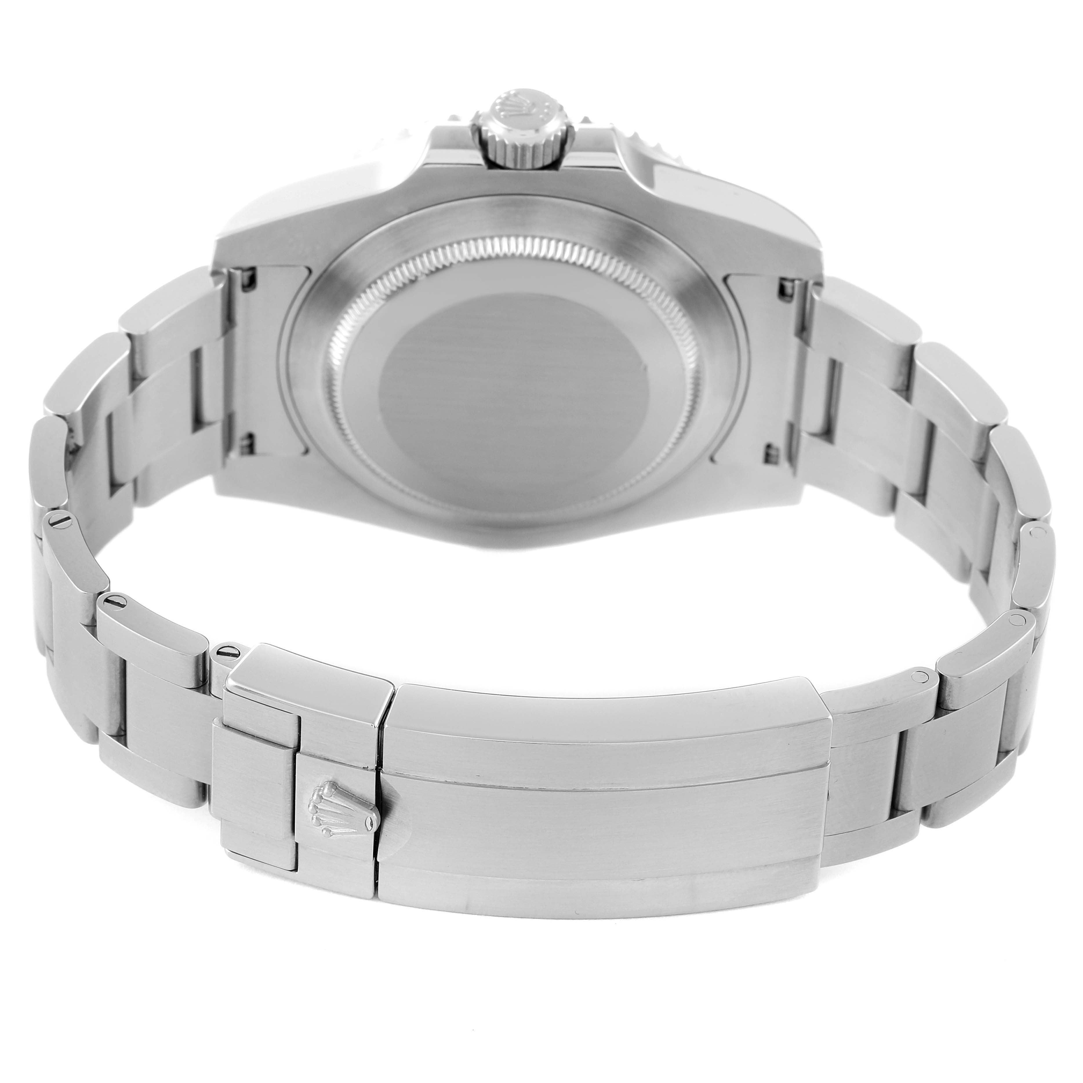 This image shows the back and clasp of a Rolex Submariner 116610LV Men
s Stainless Steel Green Dial 116610LV Men
s Stainless Steel Green Dial watch from a rear angle.