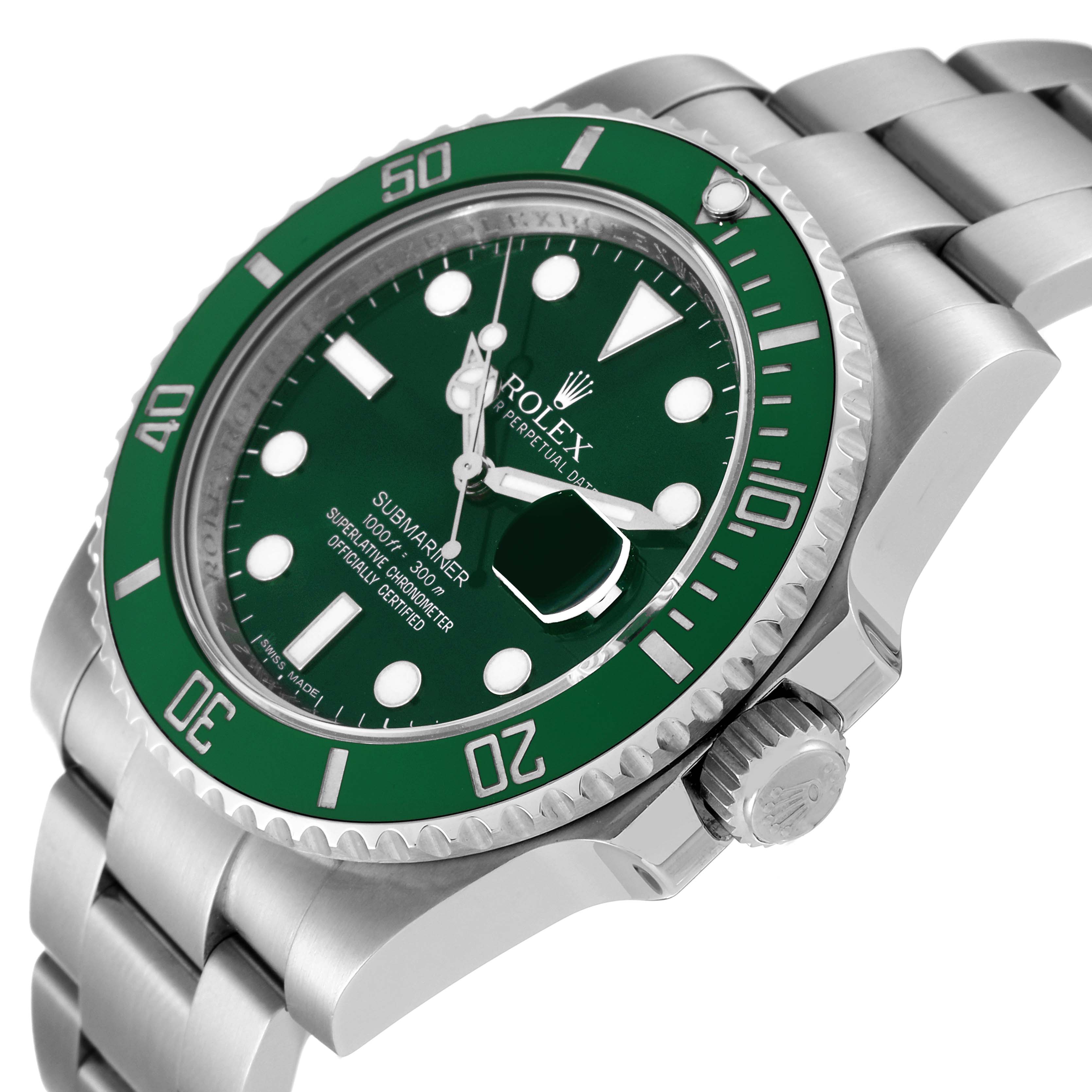 This image shows a Rolex Submariner 116610LV Men
s Stainless Steel Green Dial 116610LV Men
s Stainless Steel Green Dial watch at an angled side view, highlighting its green bezel, dial, and bracelet.