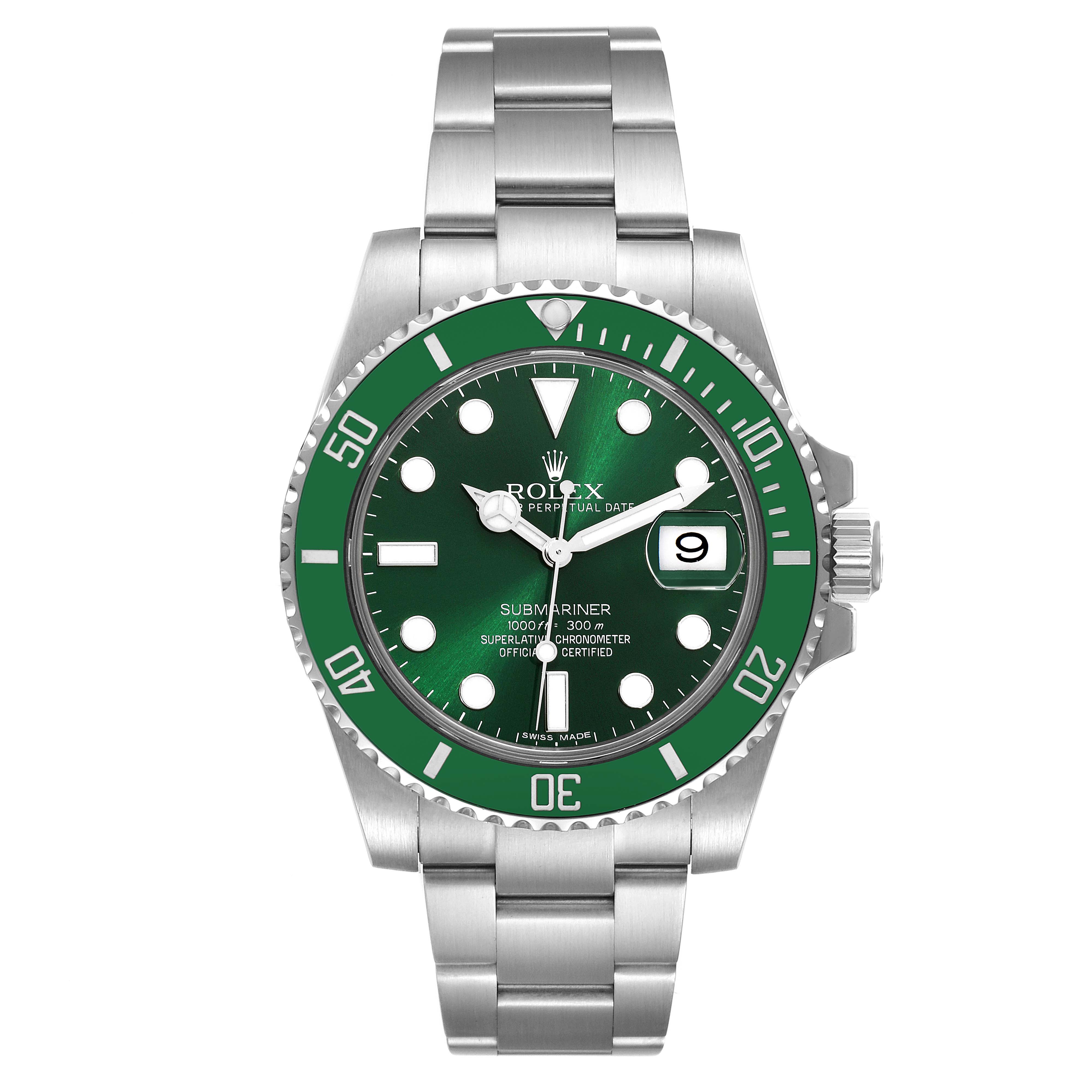 The Rolex Submariner 116610LV Men
s Stainless Steel Green Dial 116610LV Men
s Stainless Steel Green Dial watch is shown from the front, displaying its green bezel, dial, and stainless steel bracelet.