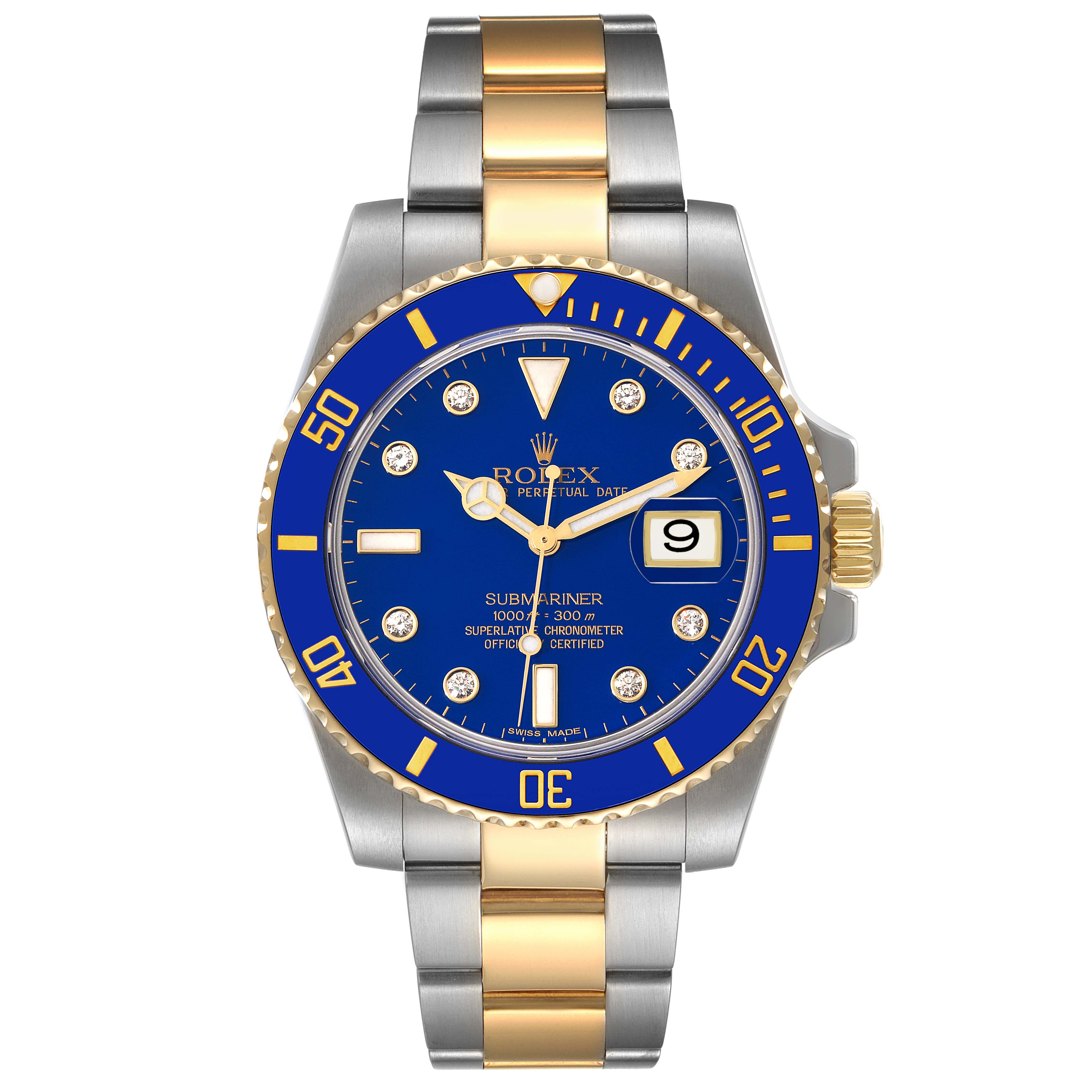 The image shows a Rolex Submariner 116613 Men's Steel and Gold (two tone) Blue Dial 116613 Men's Steel and Gold (two tone) Blue Dial watch face-on, highlighting its blue dial, gold and silver bracelet, and date window.