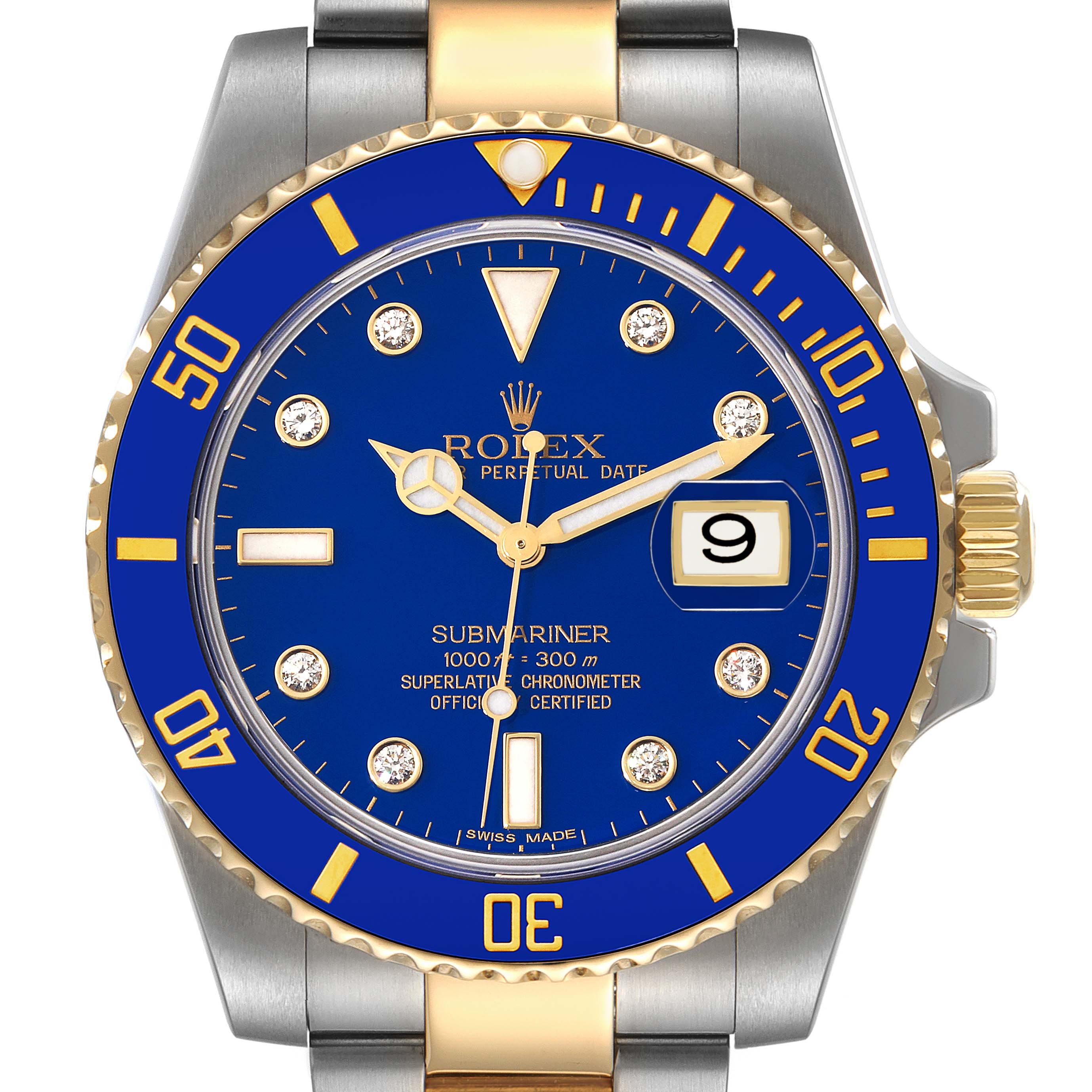The image shows a front view of a Rolex Submariner 116613 Men's Steel and Gold (two tone) Blue Dial 116613 Men's Steel and Gold (two tone) Blue Dial watch, highlighting the blue dial, bezel, and date magnifier.