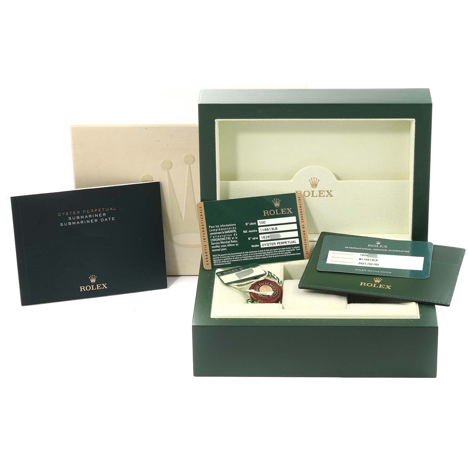 The image shows the packaging and accessories for a Rolex Submariner 116613 Men's Steel and Gold (two tone) Blue Dial 116613 Men's Steel and Gold (two tone) Blue Dial watch, including the box, warranty card, and booklets.