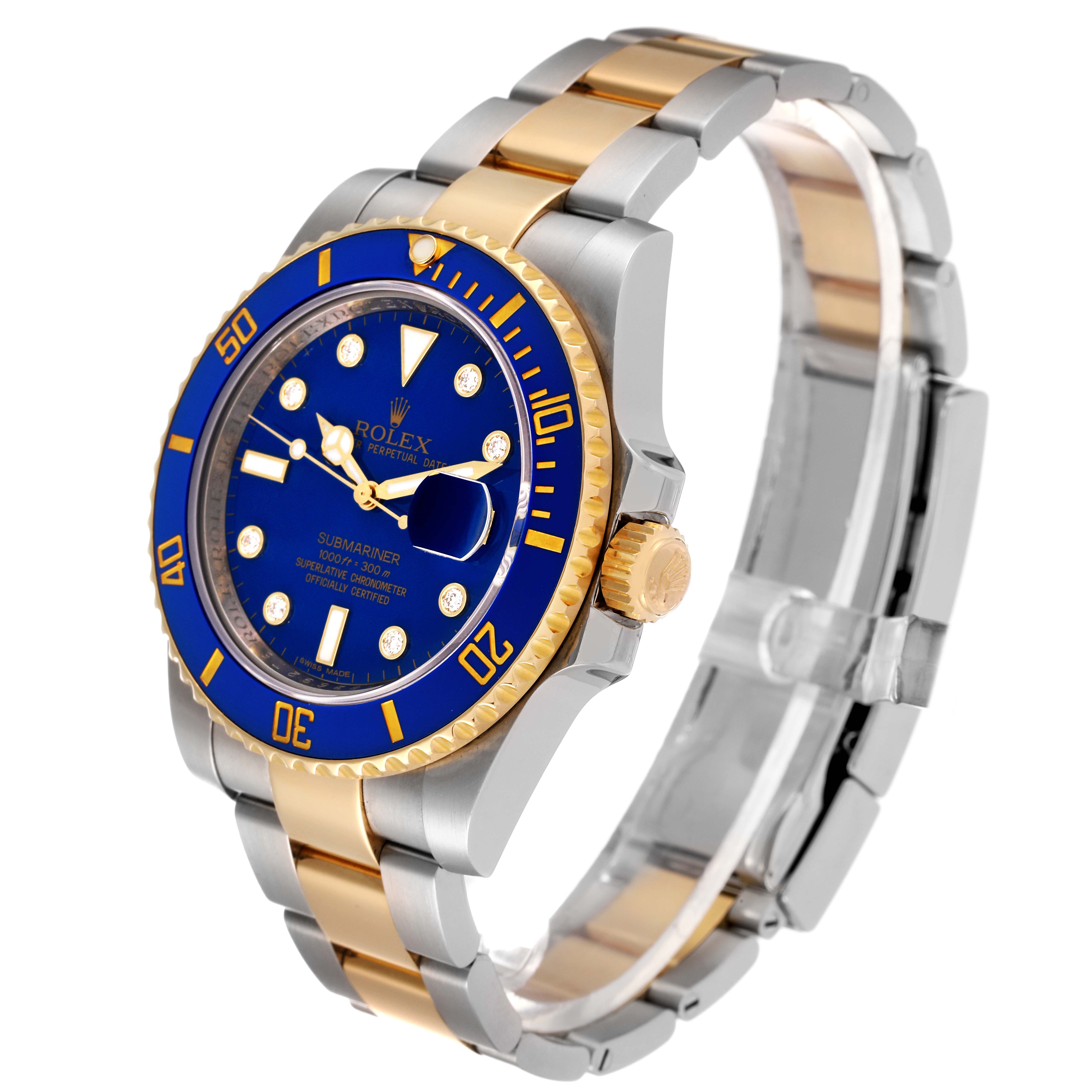 This image shows a Rolex Submariner 116613 Men's Steel and Gold (two tone) Blue Dial 116613 Men's Steel and Gold (two tone) Blue Dial watch at an angle highlighting the face, bezel, and bracelet.