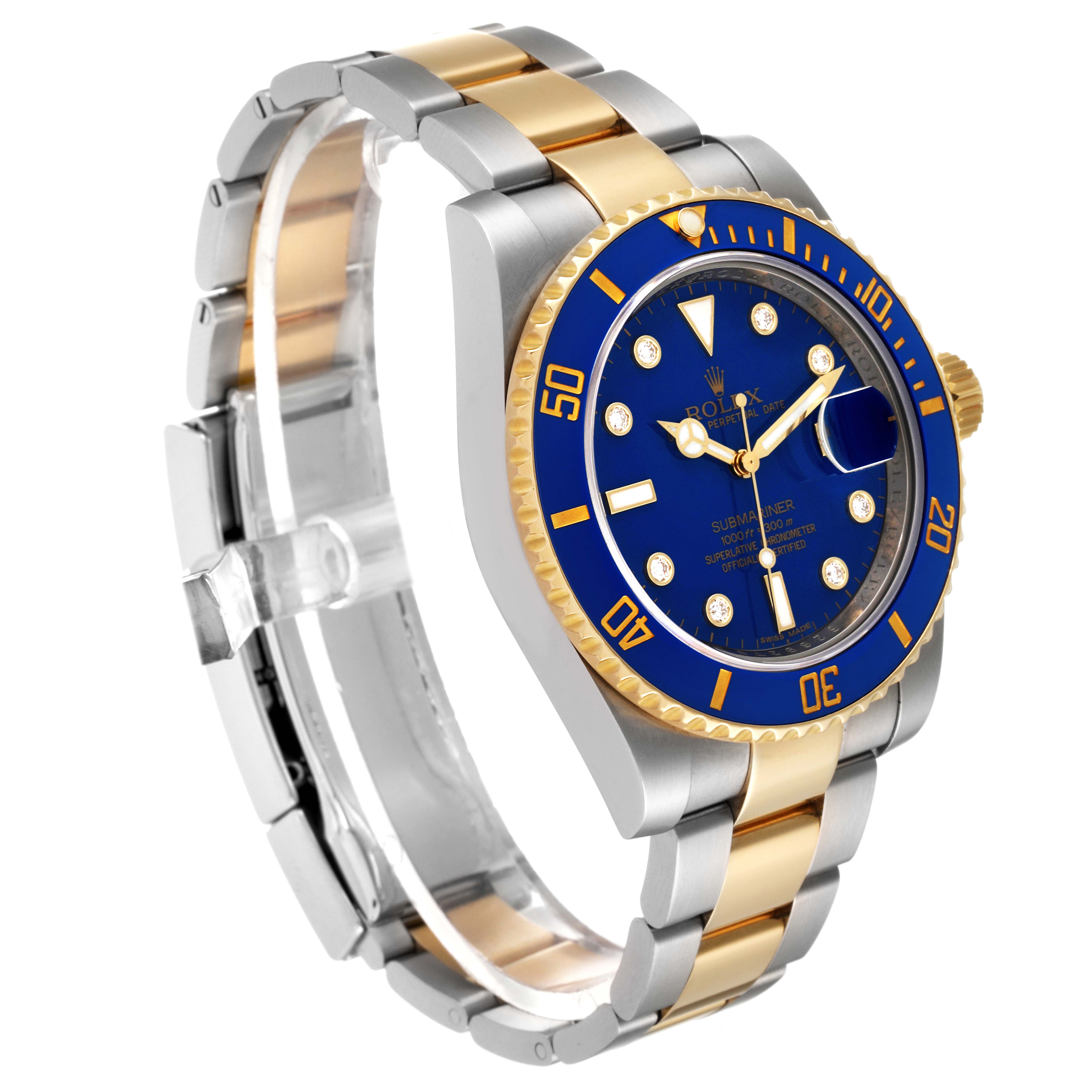 The image shows a Rolex Submariner 116613 Men's Steel and Gold (two tone) Blue Dial 116613 Men's Steel and Gold (two tone) Blue Dial watch at a slight angle, highlighting the blue bezel, blue dial, and two-tone bracelet.