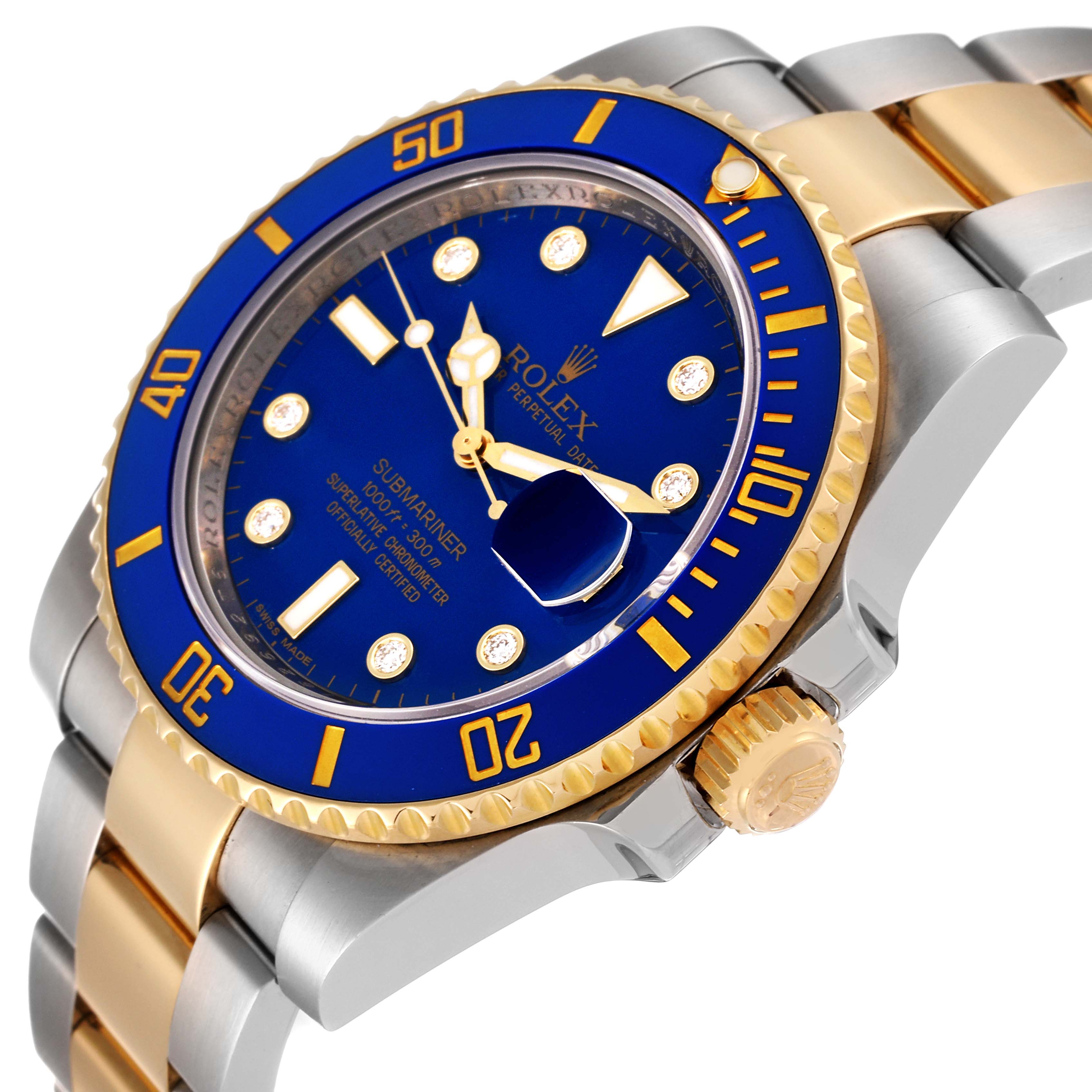The image shows a side angle of a Rolex Submariner 116613 Men's Steel and Gold (two tone) Blue Dial 116613 Men's Steel and Gold (two tone) Blue Dial watch, highlighting the blue dial, bezel, crown, and two-tone bracelet.