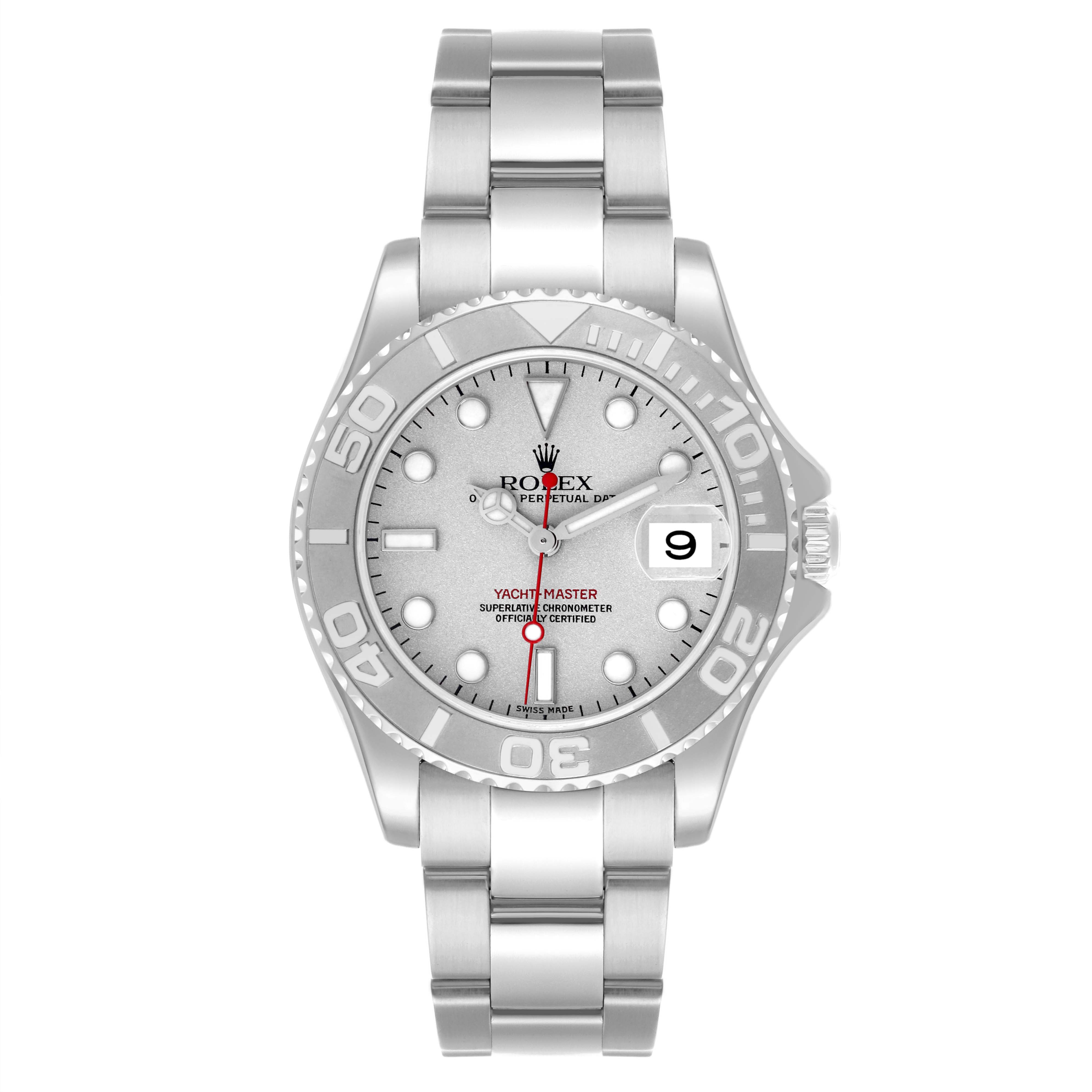 The Rolex Yacht-Master 168622 Men's Stainless Steel Silver Dial 168622 Men's Stainless Steel Silver Dial is shown from the front, highlighting the dial, bezel, bracelet, and date function.