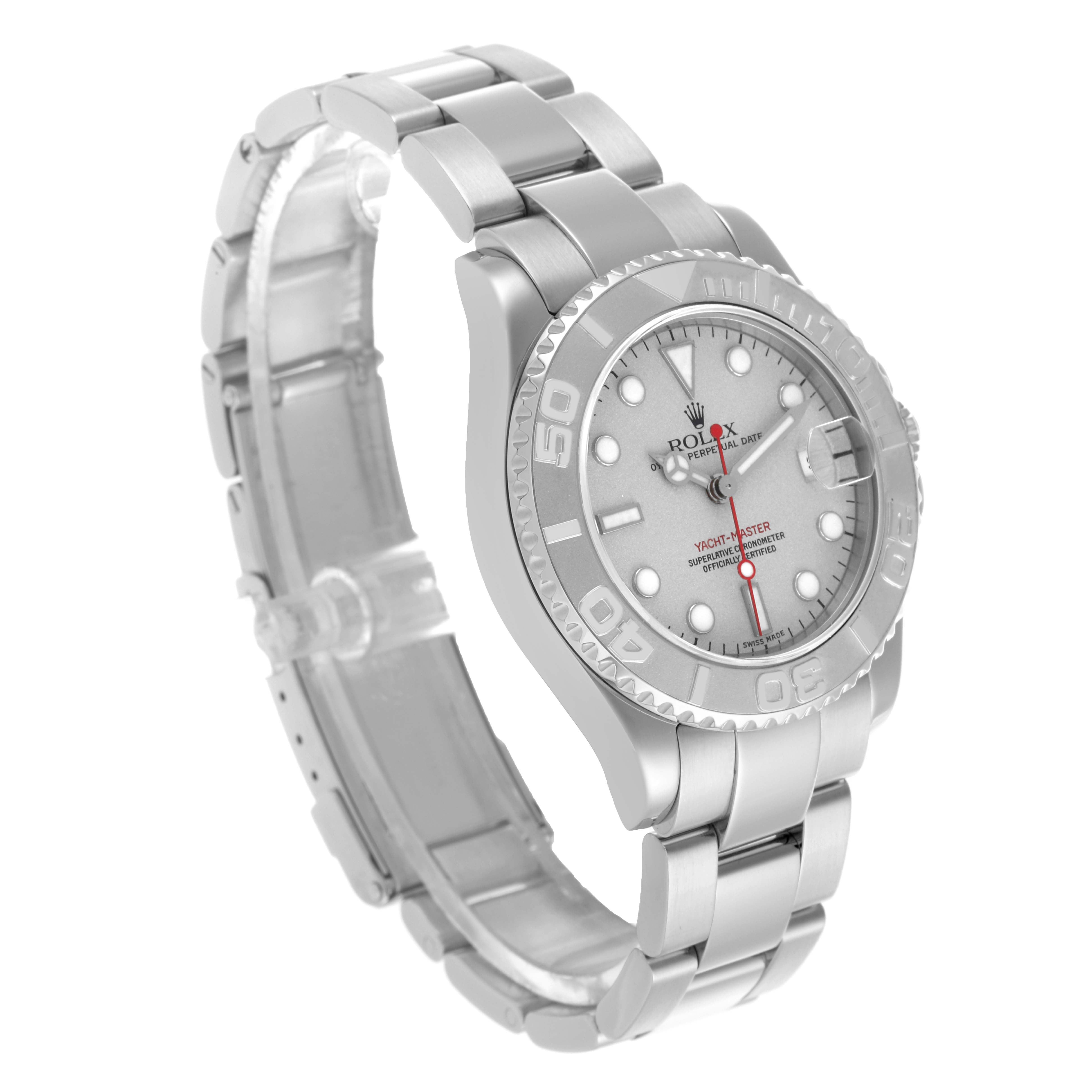 The Rolex Yacht-Master 168622 Men's Stainless Steel Silver Dial 168622 Men's Stainless Steel Silver Dial watch is shown from a three-quarter angle, displaying its face, bezel, and bracelet.