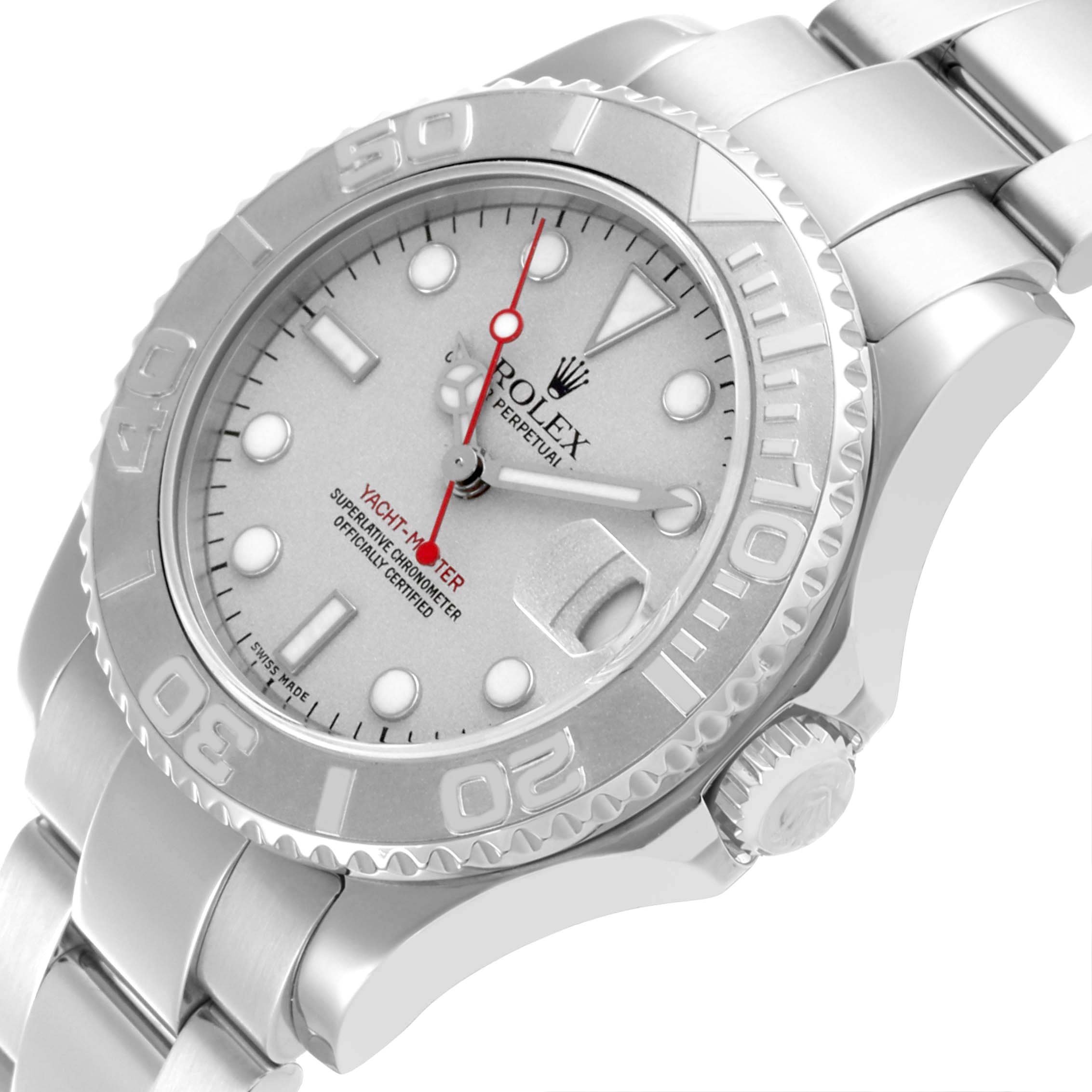 The Rolex Yacht-Master 168622 Men's Stainless Steel Silver Dial 168622 Men's Stainless Steel Silver Dial watch is shown at an angled view, highlighting the dial, bezel, and part of the bracelet.