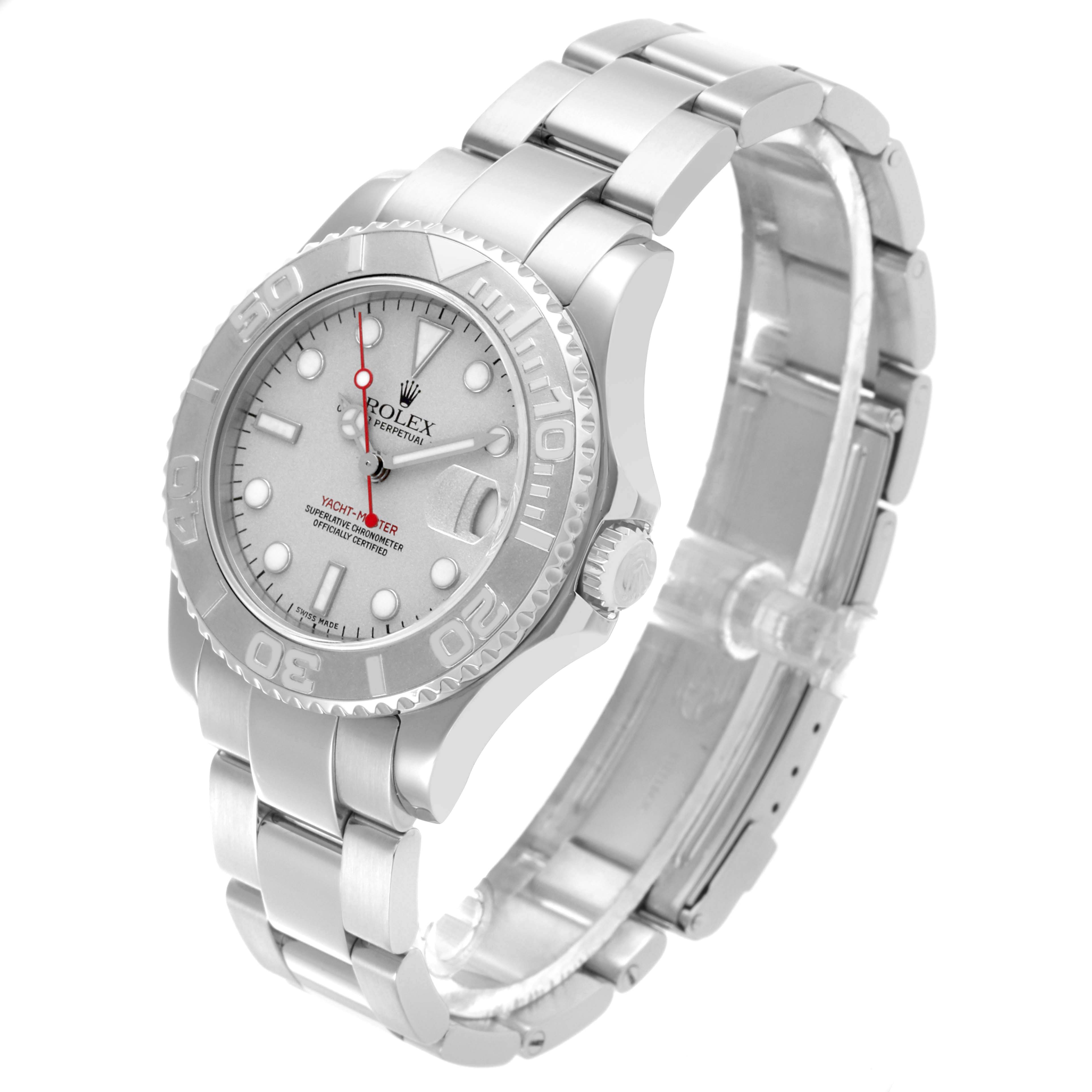 The Rolex Yacht-Master 168622 Men's Stainless Steel Silver Dial 168622 Men's Stainless Steel Silver Dial watch is shown at an angled view, highlighting the face, bezel, and bracelet.