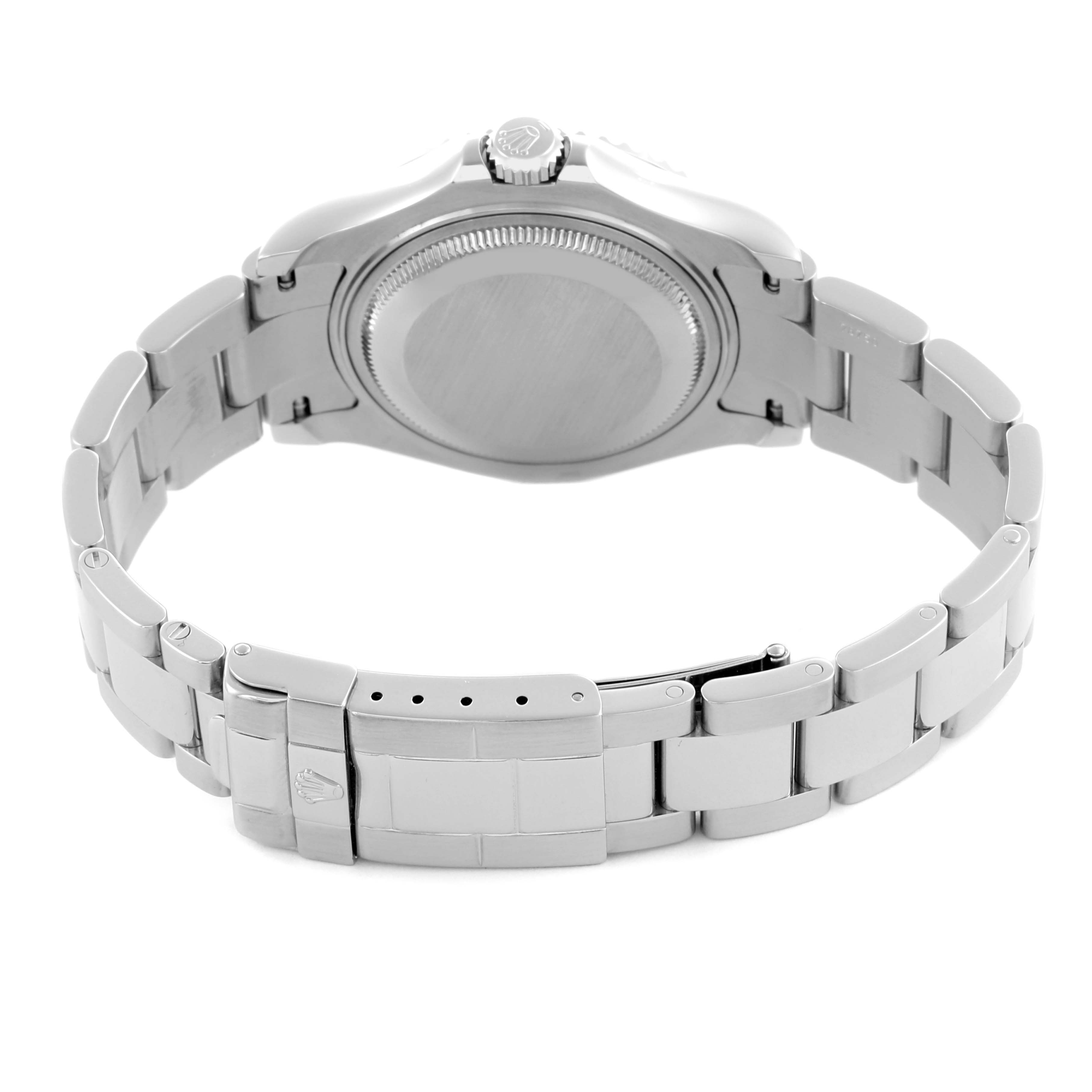 The Rolex Yacht-Master 168622 Men's Stainless Steel Silver Dial 168622 Men's Stainless Steel Silver Dial watch is shown from the back, highlighting the case back, bracelet, and clasp.