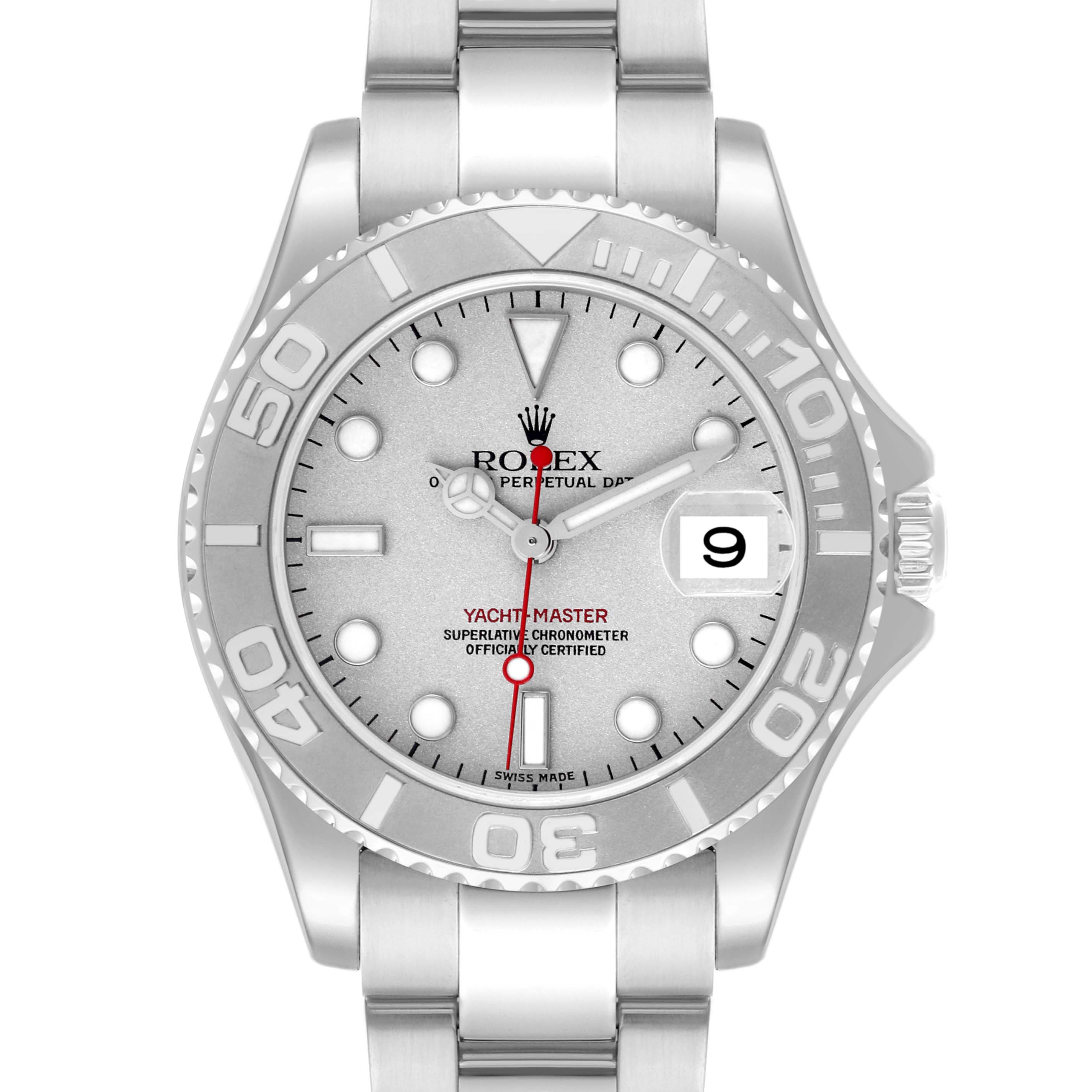 The Rolex Yacht-Master 168622 Men's Stainless Steel Silver Dial 168622 Men's Stainless Steel Silver Dial watch is shown front-facing, displaying the dial, bezel, hands, bracelet, and date window.