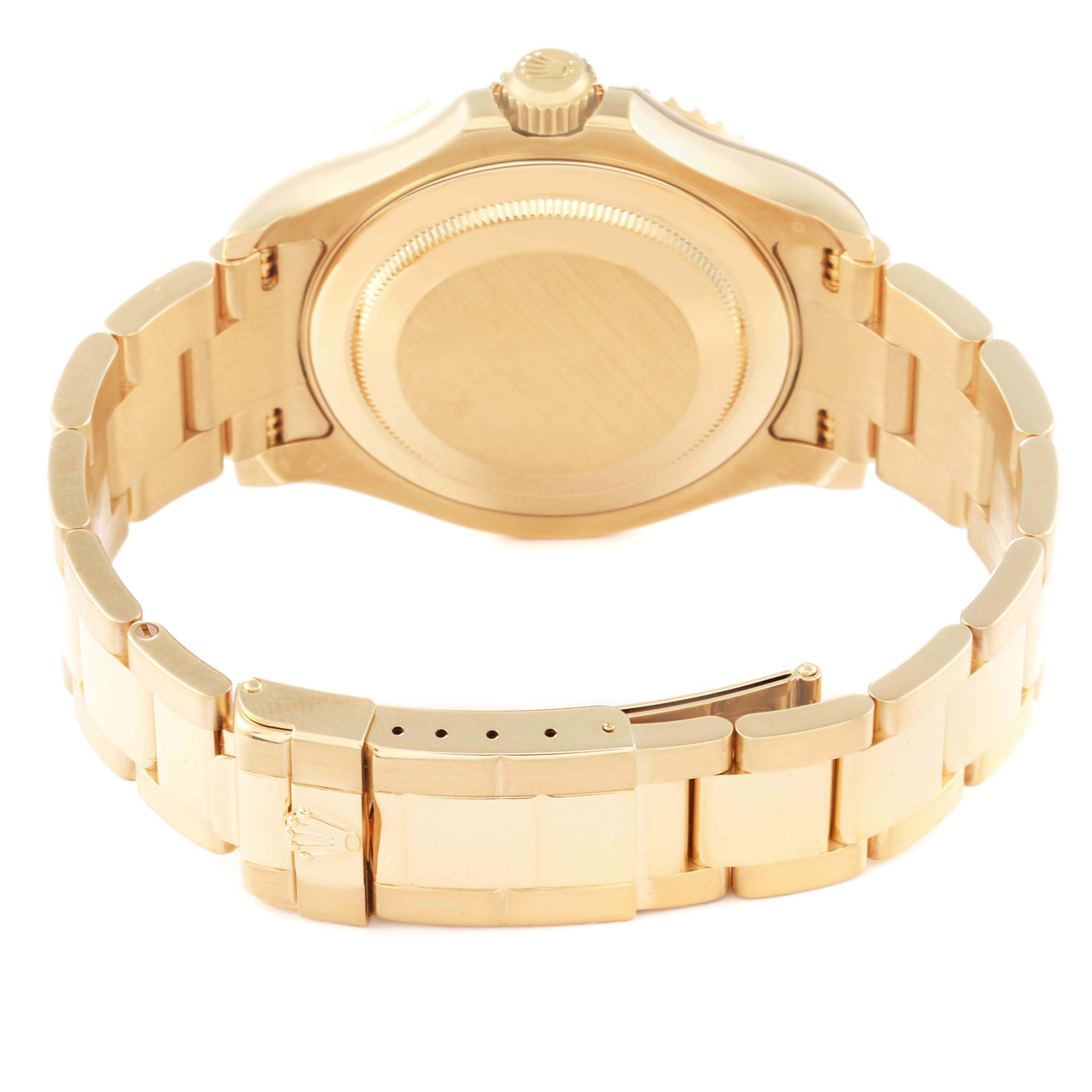 This image shows the back of the Rolex Yacht-Master 16628 Men's Yellow Gold White Dial 16628 Men's Yellow Gold White Dial watch, highlighting the case back, bracelet, and clasp.