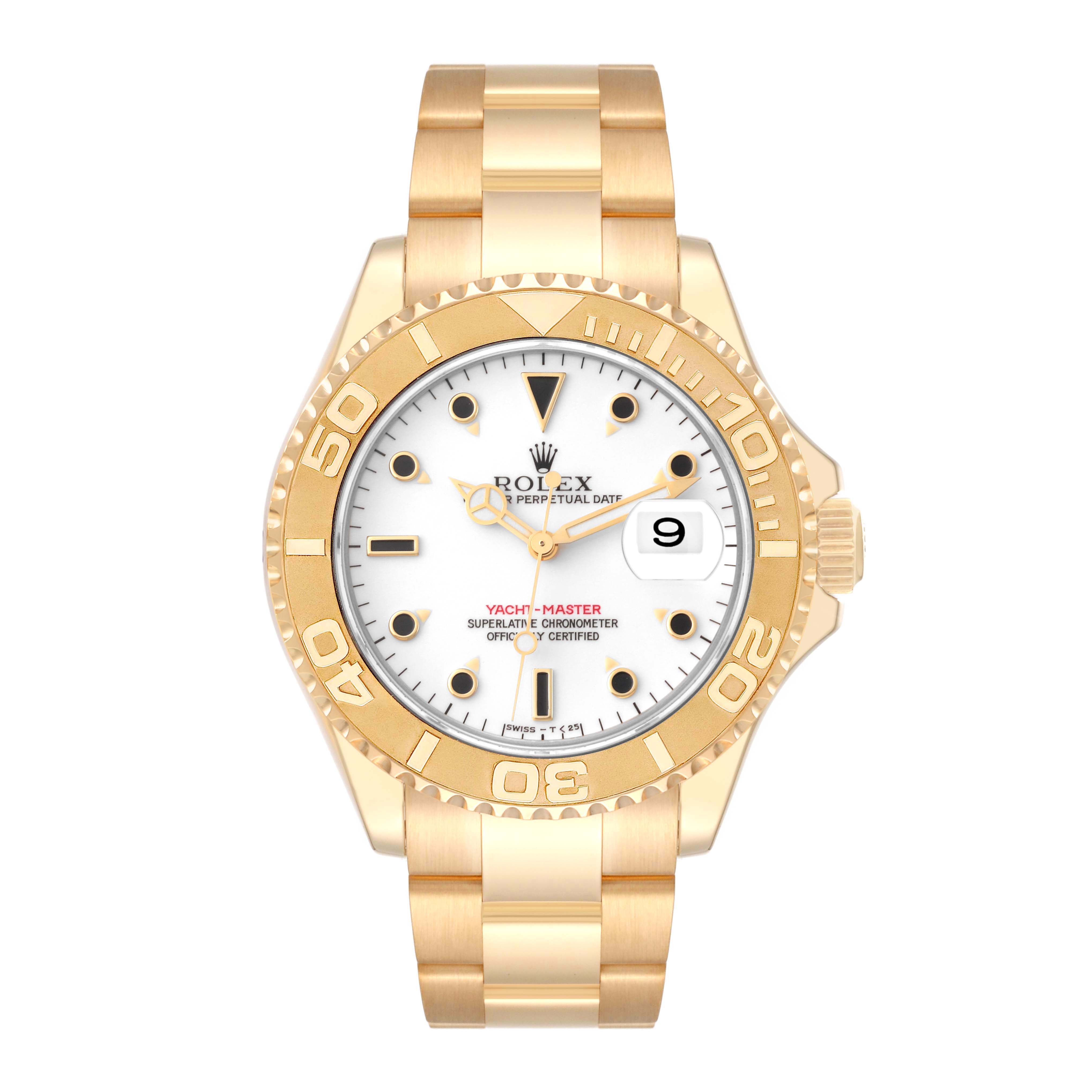 This image shows a front view of a Rolex Yacht-Master 16628 Men's Yellow Gold White Dial 16628 Men's Yellow Gold White Dial watch, displaying the dial, bezel, and bracelet.